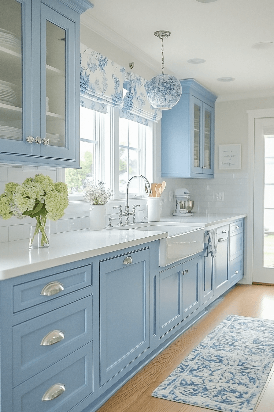 blue and white kitchen cabinets