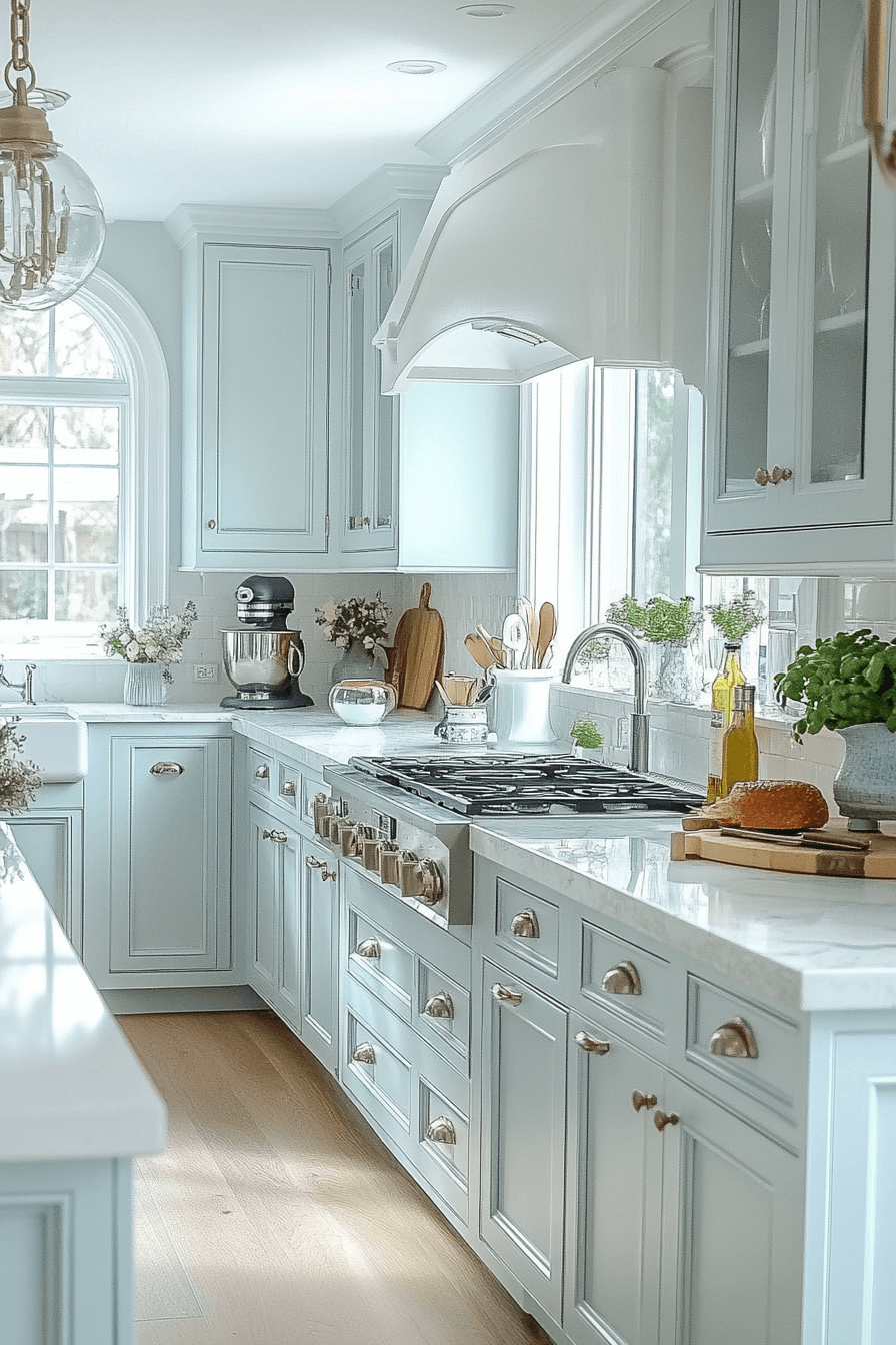blue and white kitchen cabinets