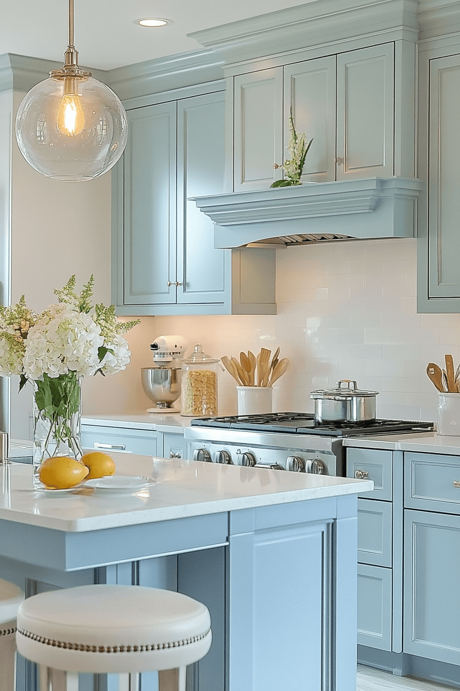 blue and white kitchen cabinets