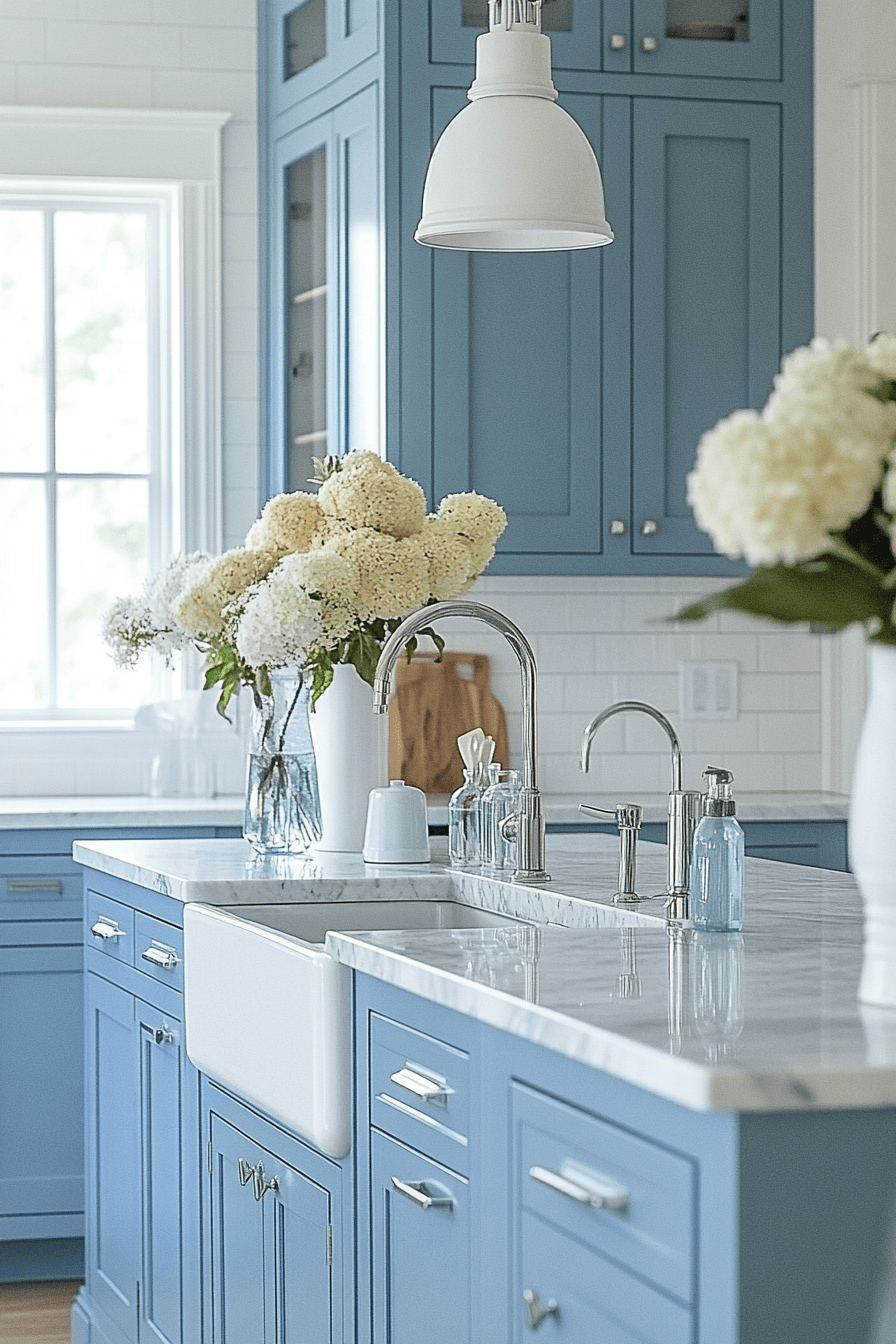 blue and white kitchen cabinets