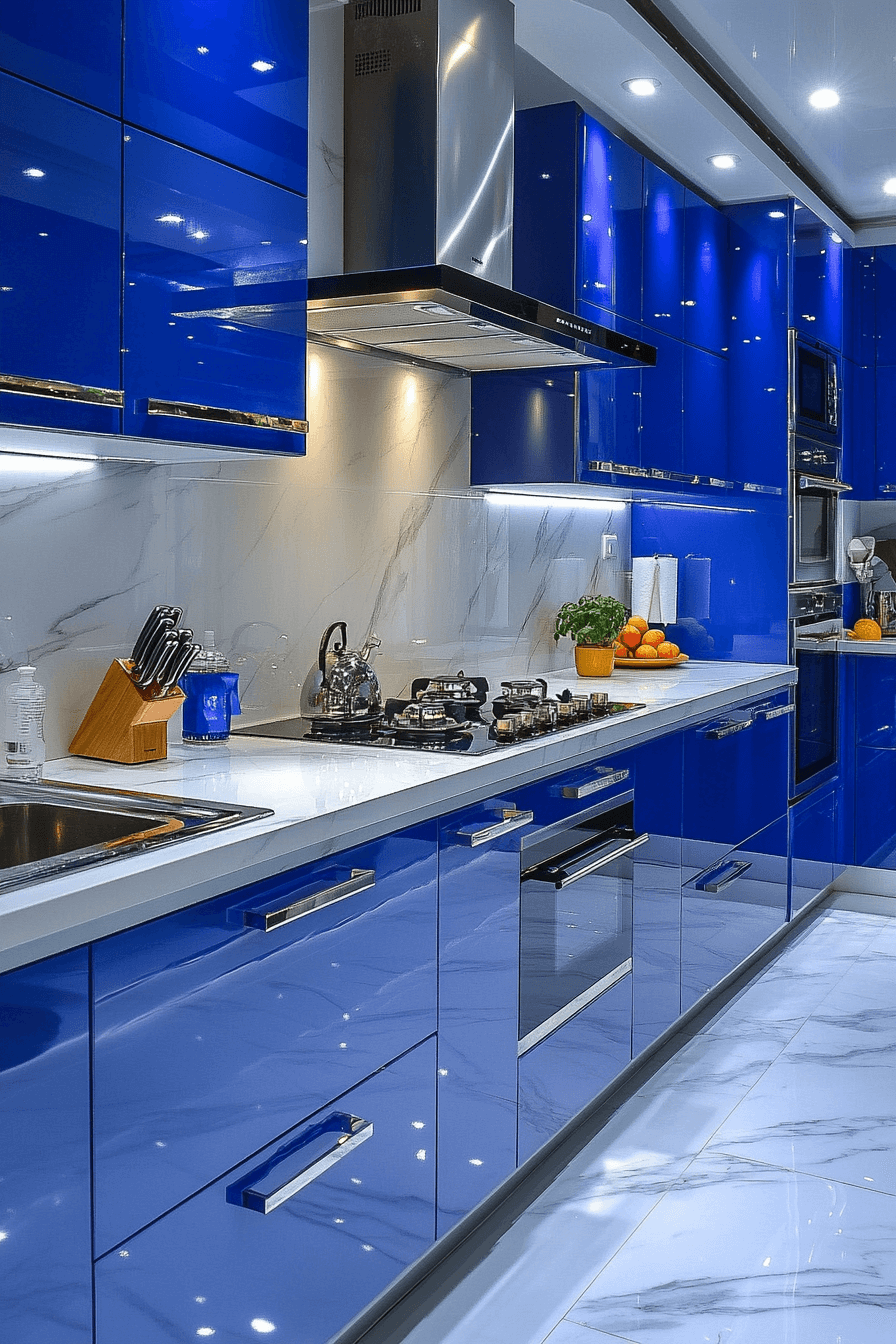 blue and white kitchen cabinets