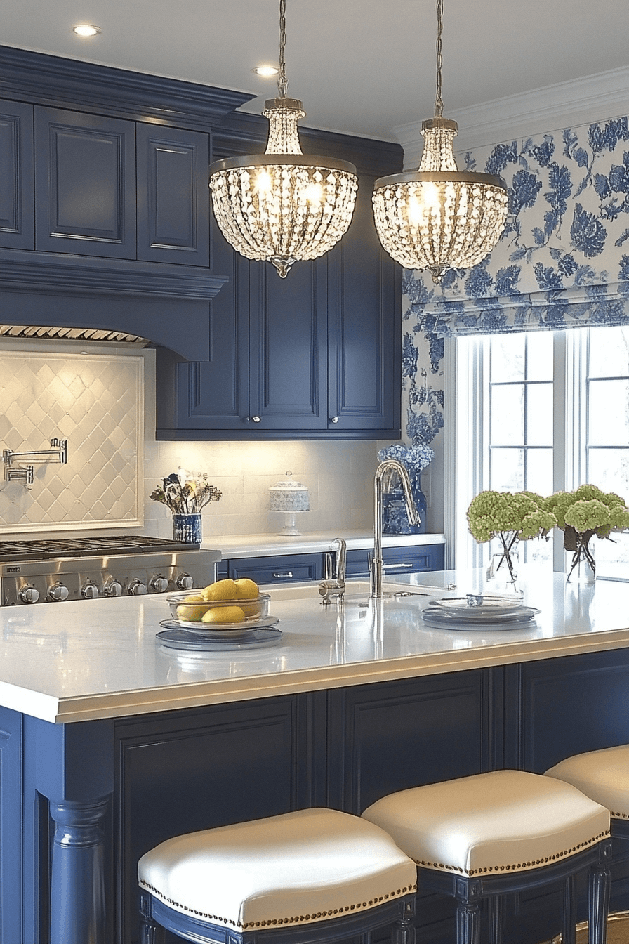 blue and white kitchen cabinets