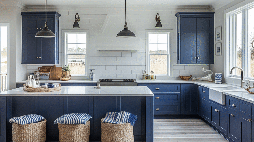 blue and white kitchen cabinets