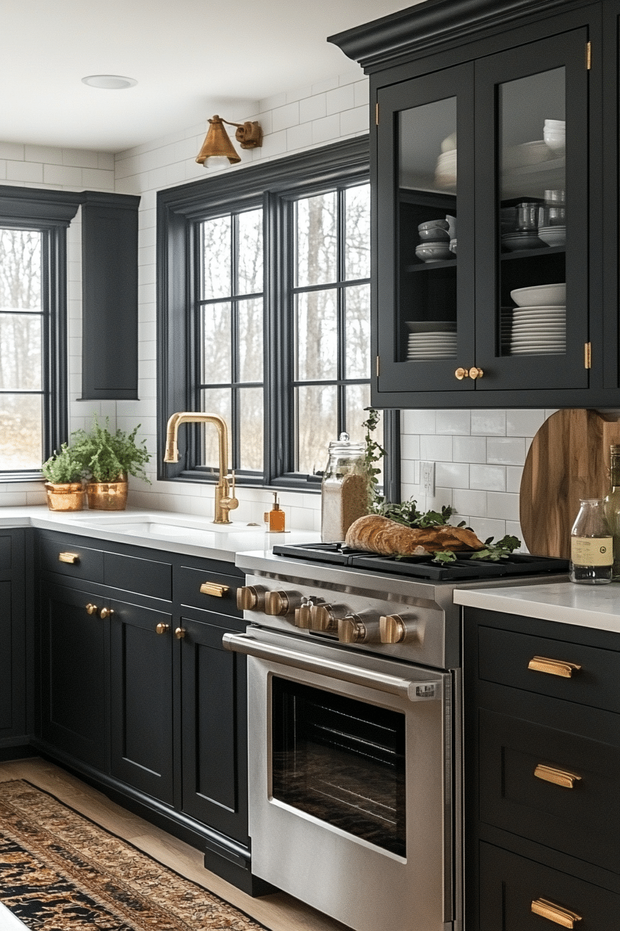 black cabinets white countertops