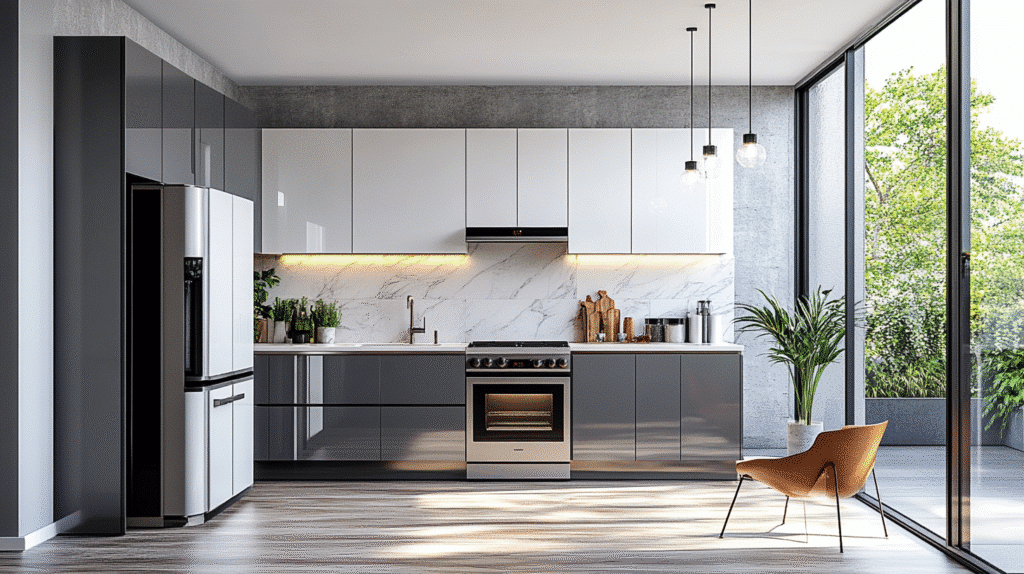 grey and white kitchen cabinets
