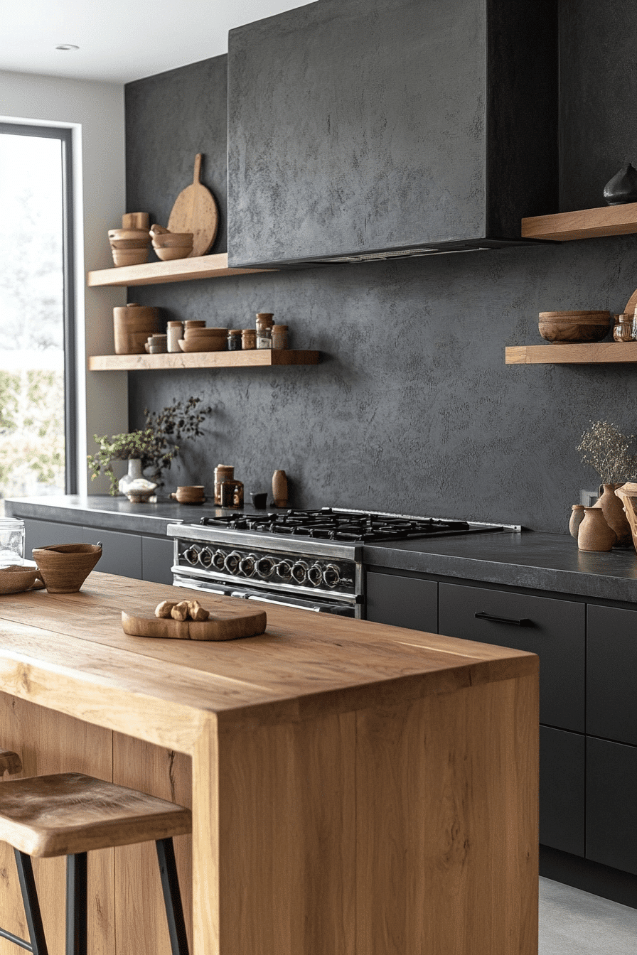 black and wood kitchen