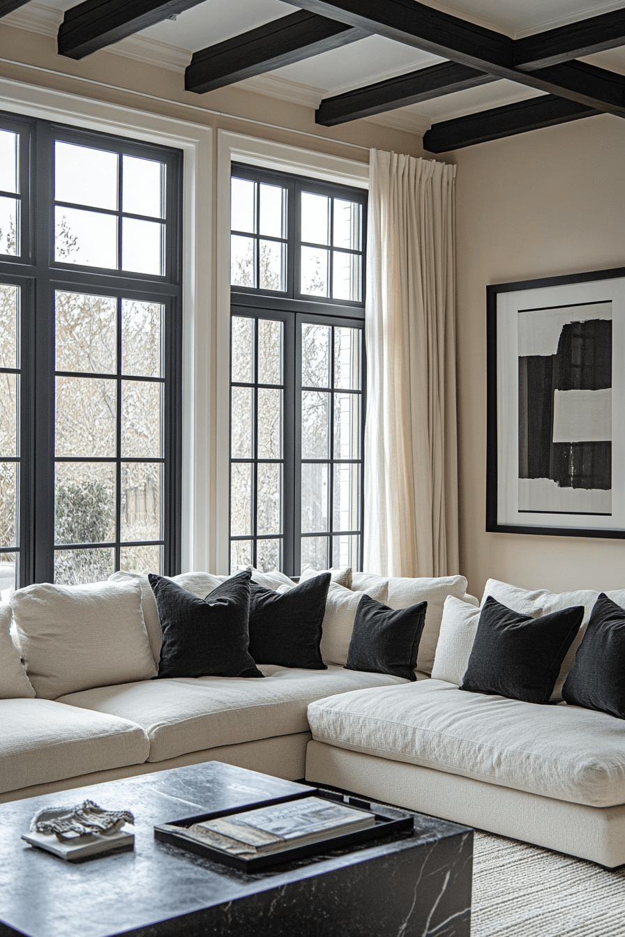 neutral living room with black accents