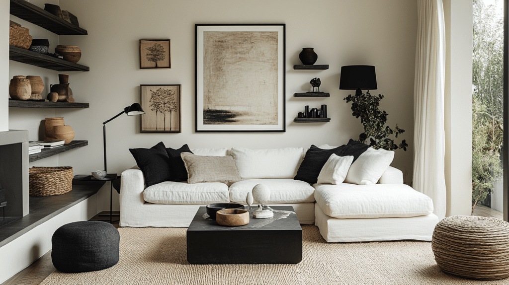 neutral bedroom with black accents