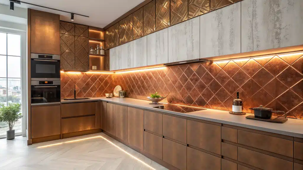 copper backsplash kitchen