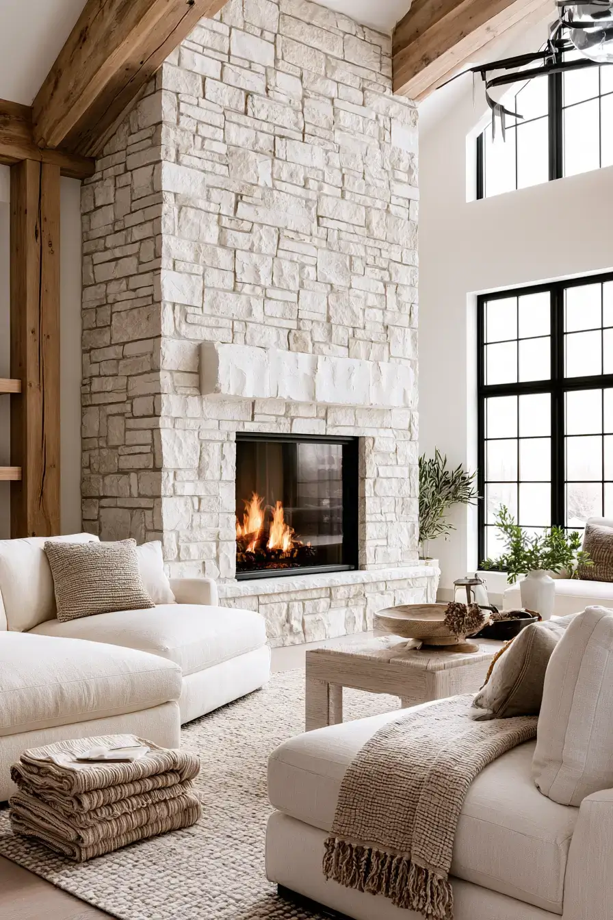 29 White Stone Fireplace Ideas for a Hearth That Stays Light