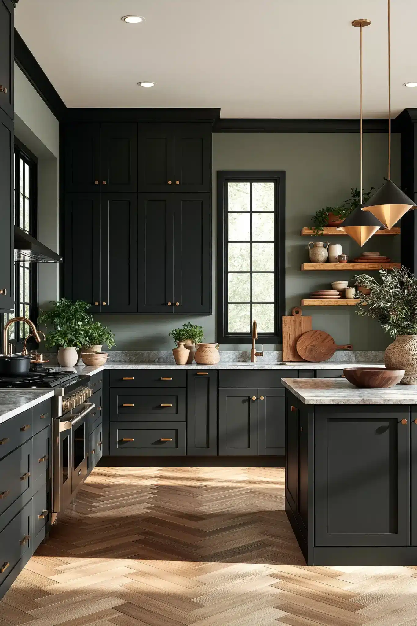 sage green and black kitchen
