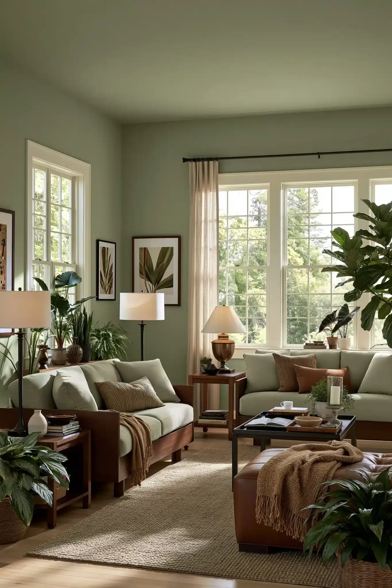 sage green and brown living room