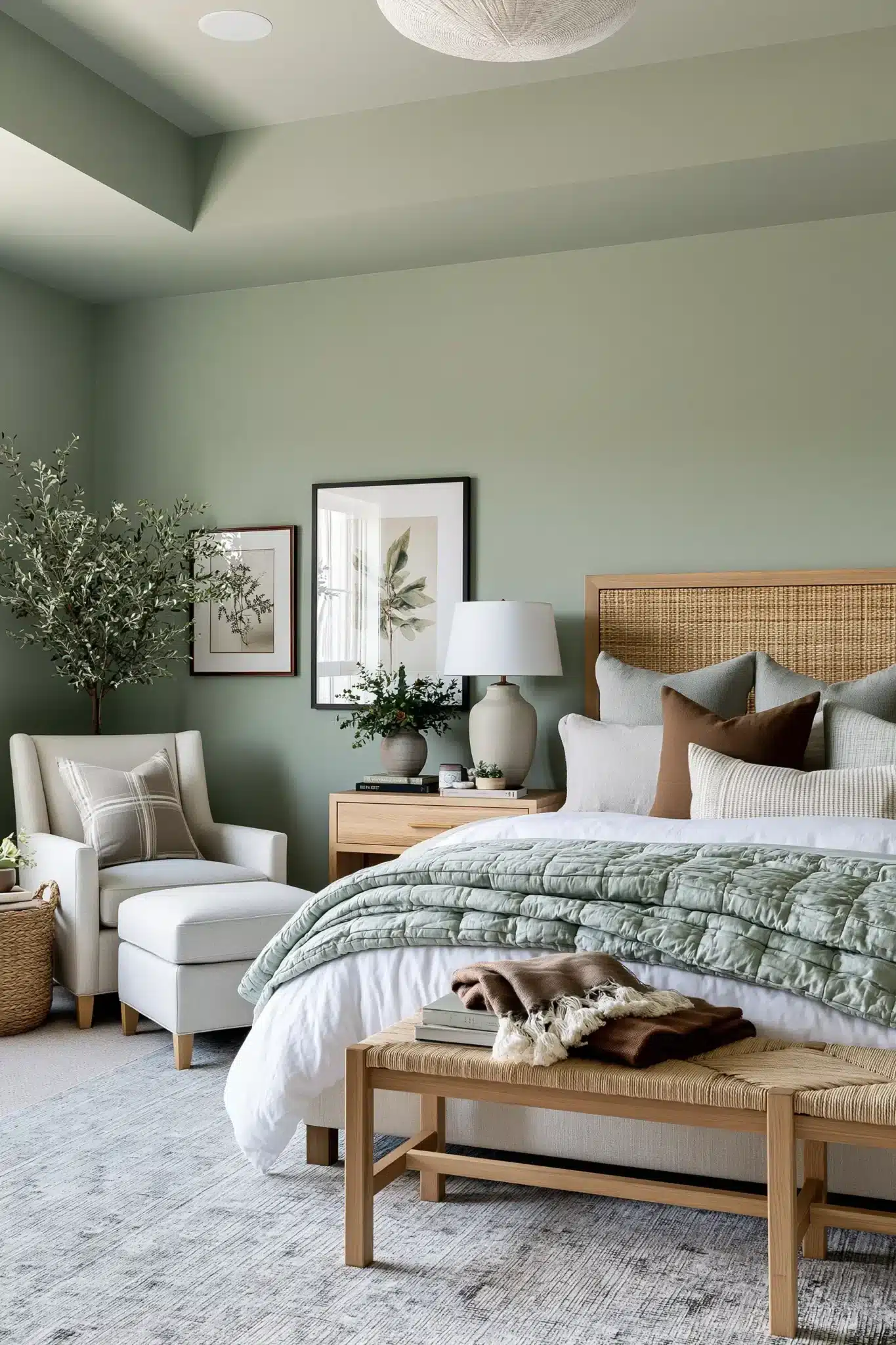 sage green and grey bedroom