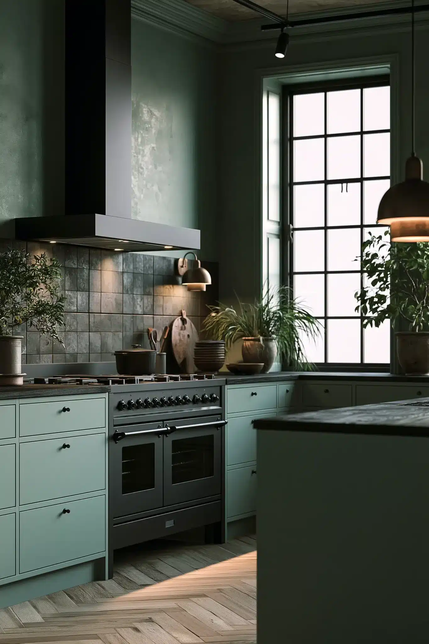 sage green and black kitchen