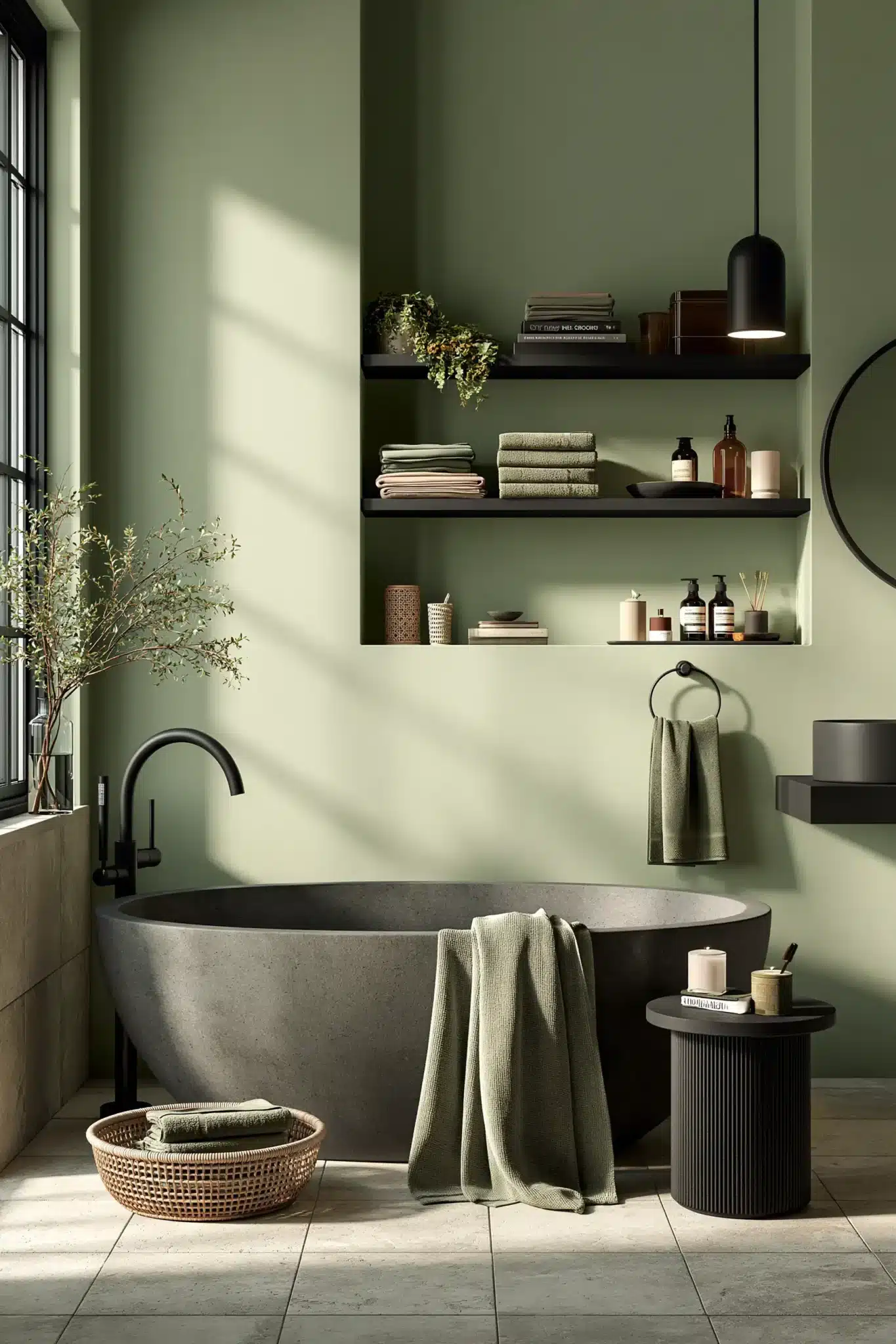 sage green and black bathroom