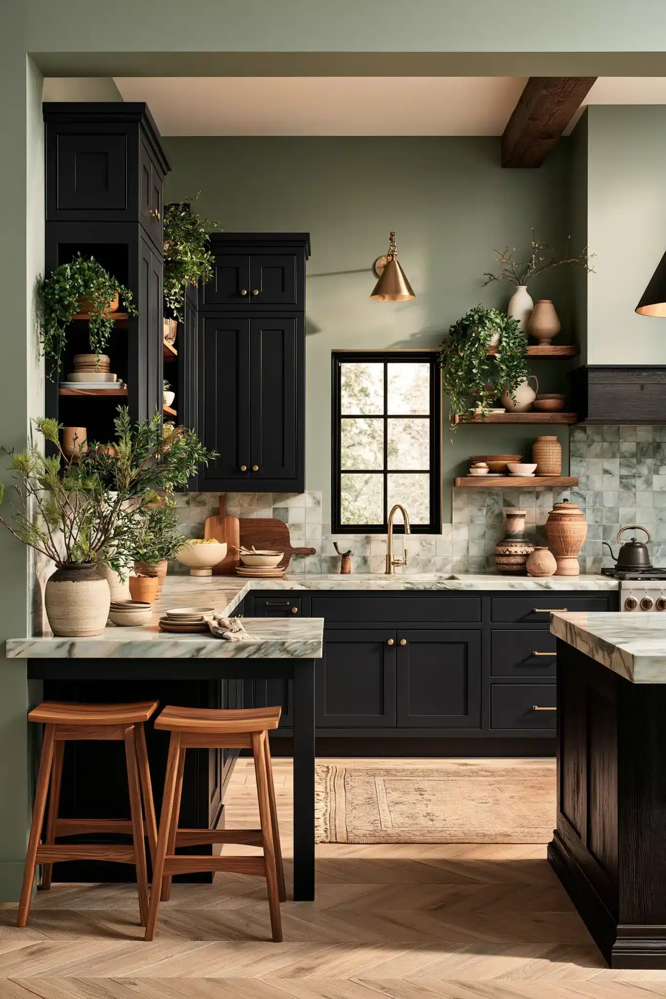sage green and black kitchen