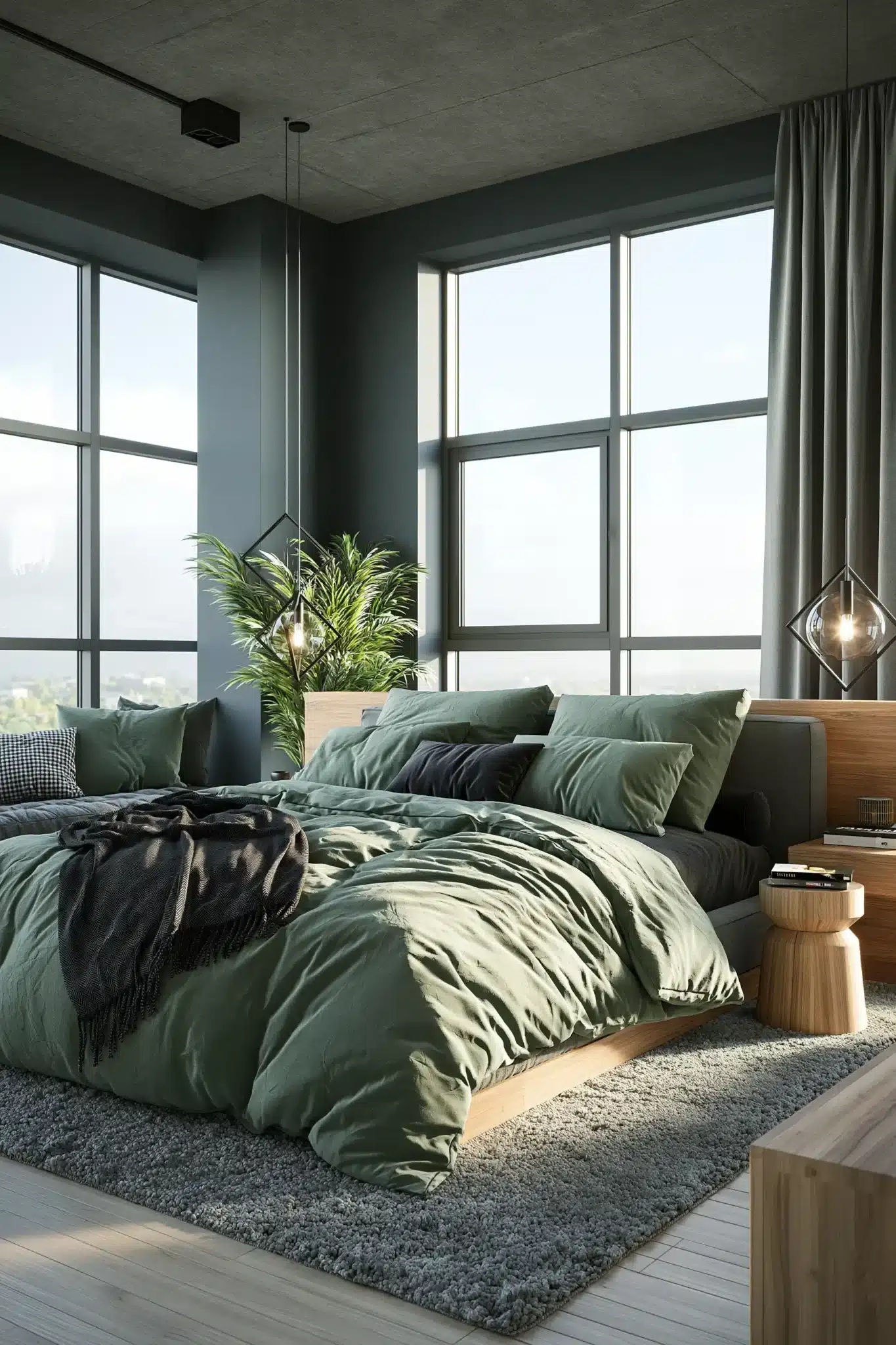 sage green and grey bedroom