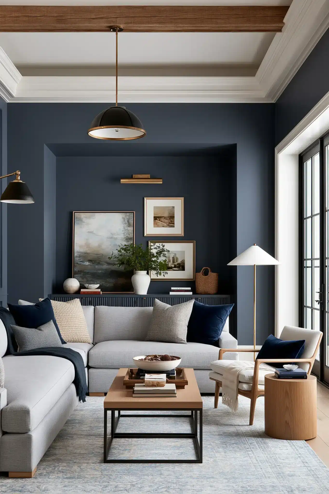 navy blue and grey living room
