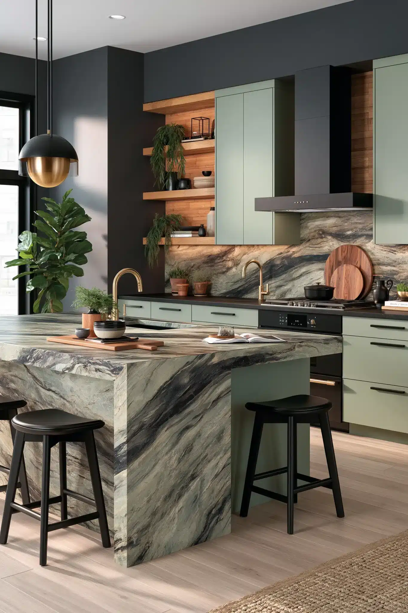 sage green and black kitchen