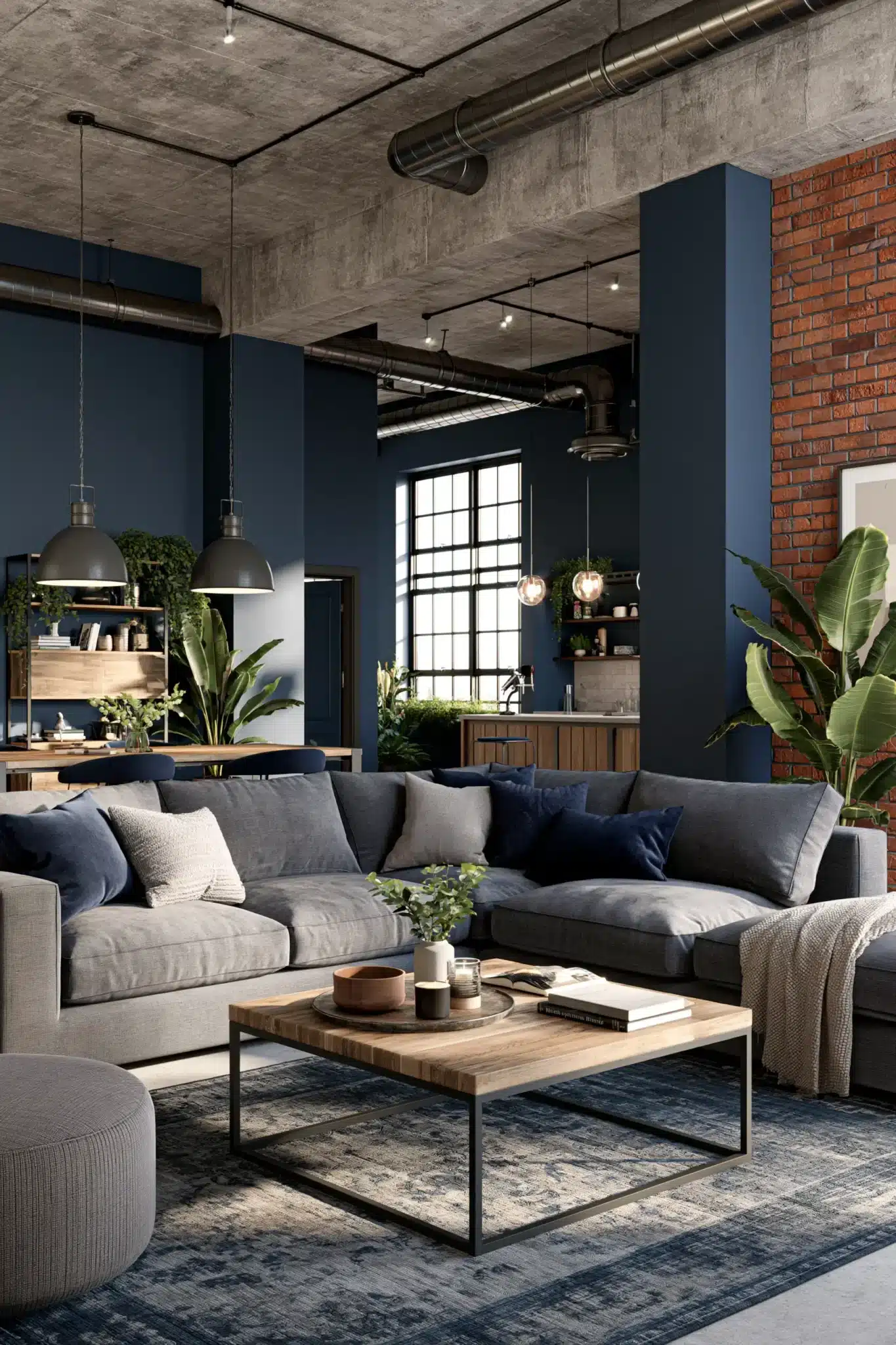 navy blue and grey living room