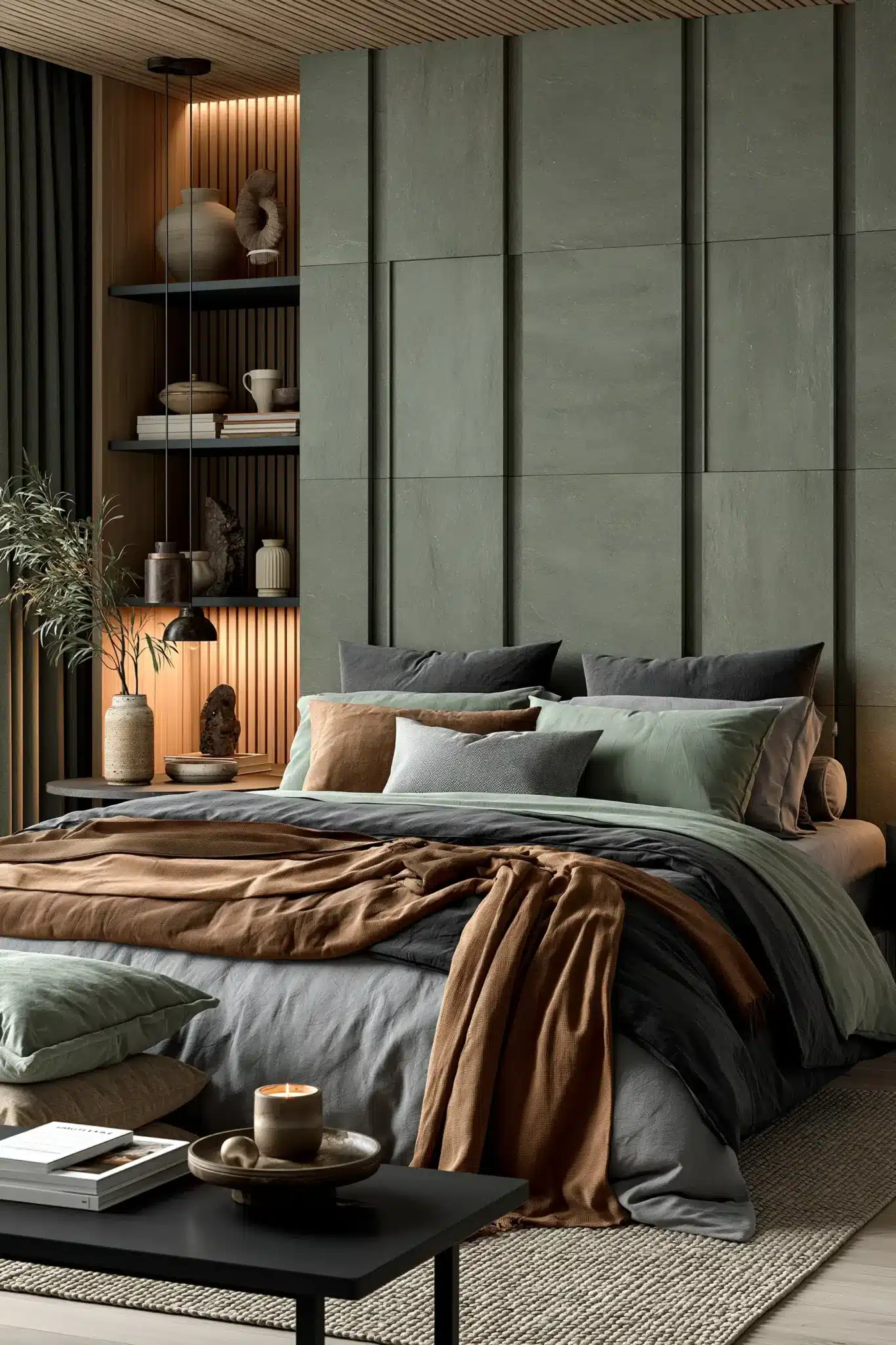 sage green and grey bedroom