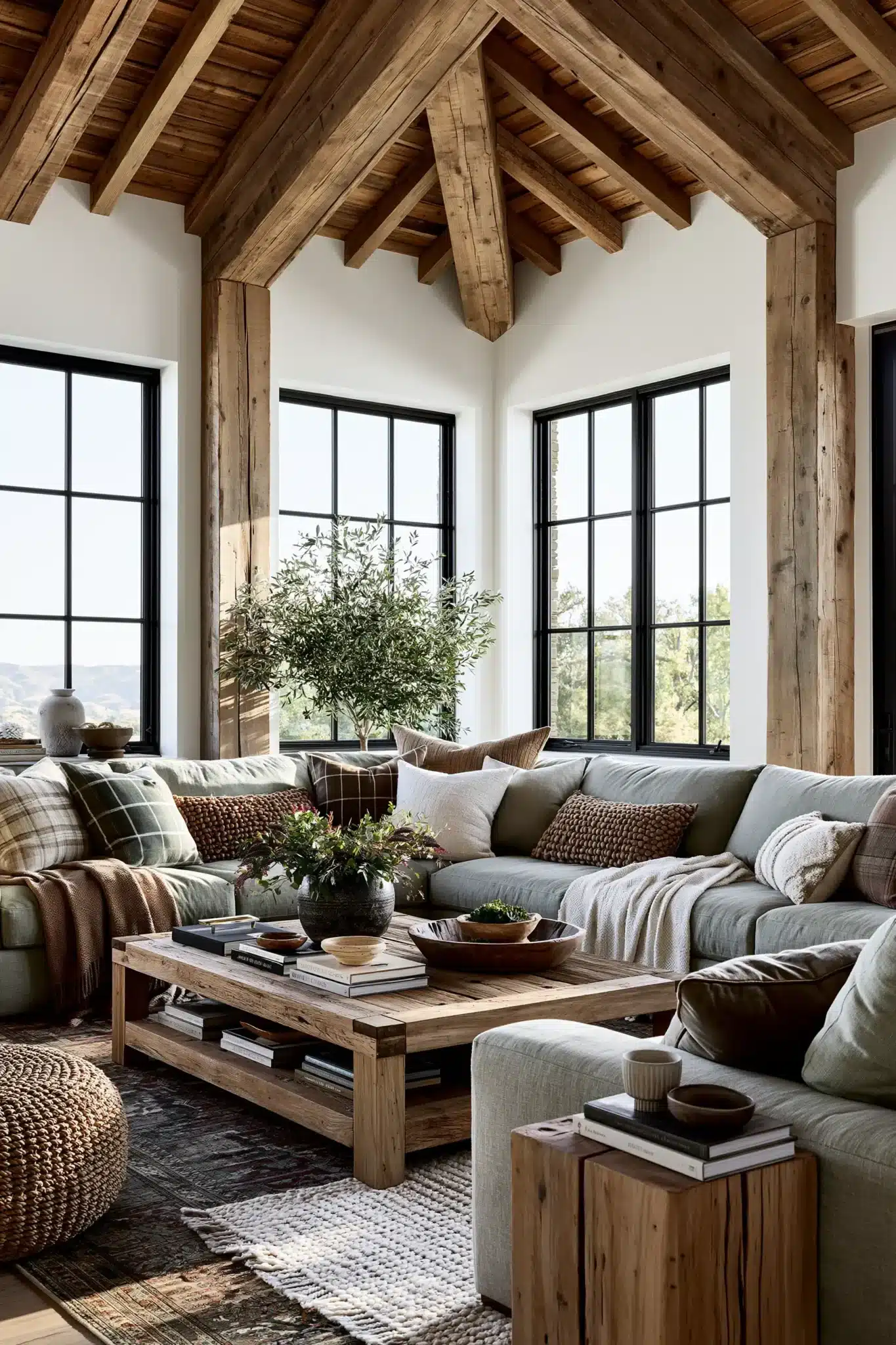 sage green and brown living room