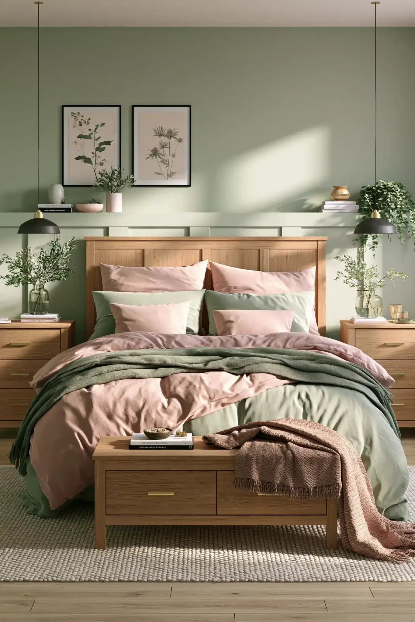 sage green and blush bedroom