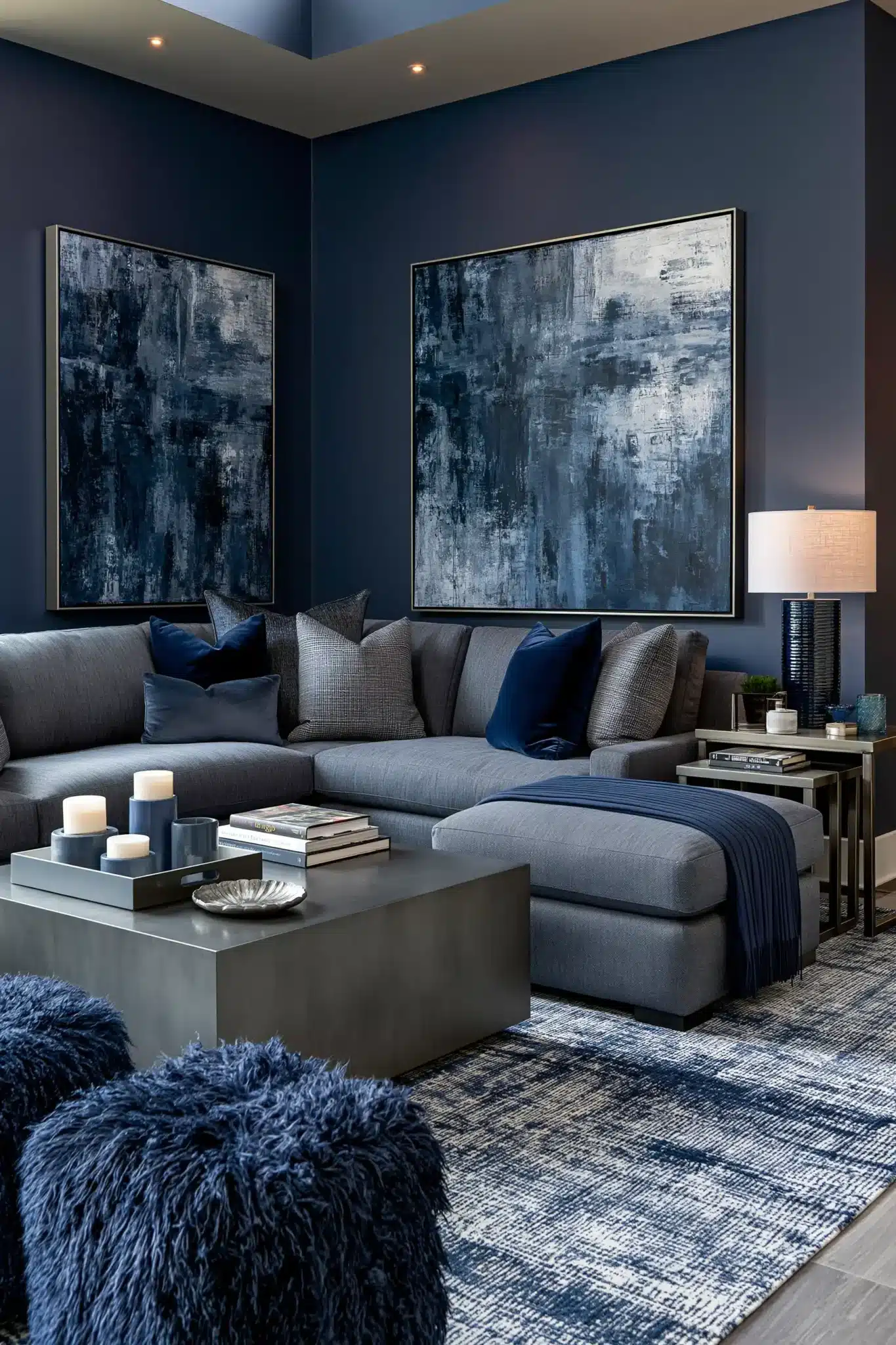 navy blue and grey living room