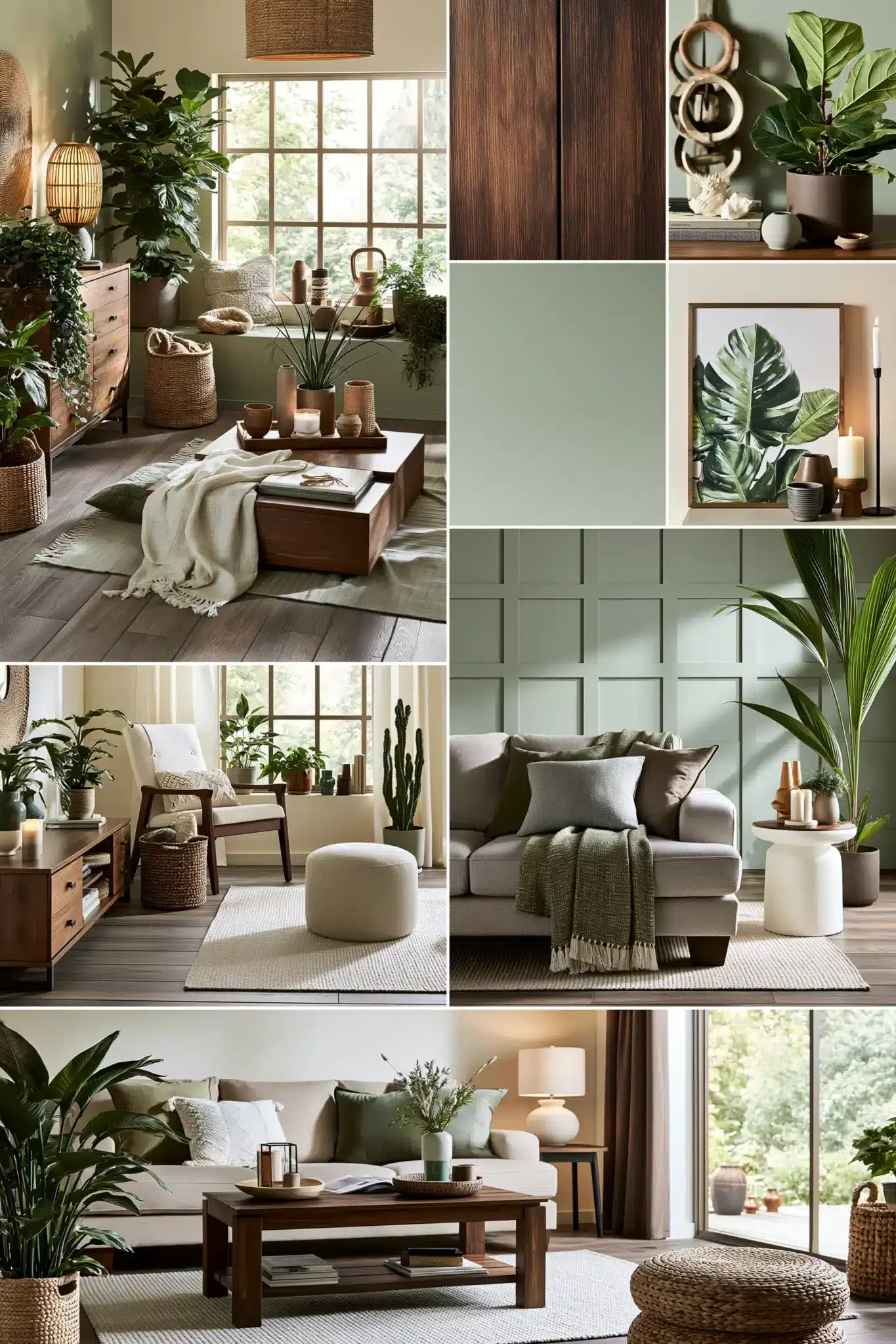 sage green and brown living room