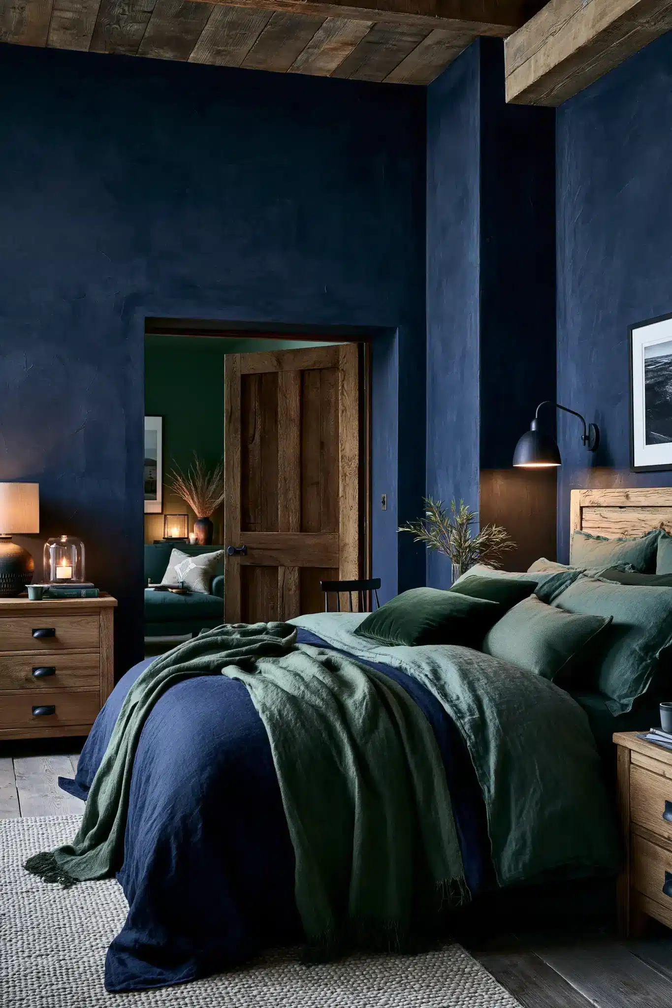 navy blue and green bedroom