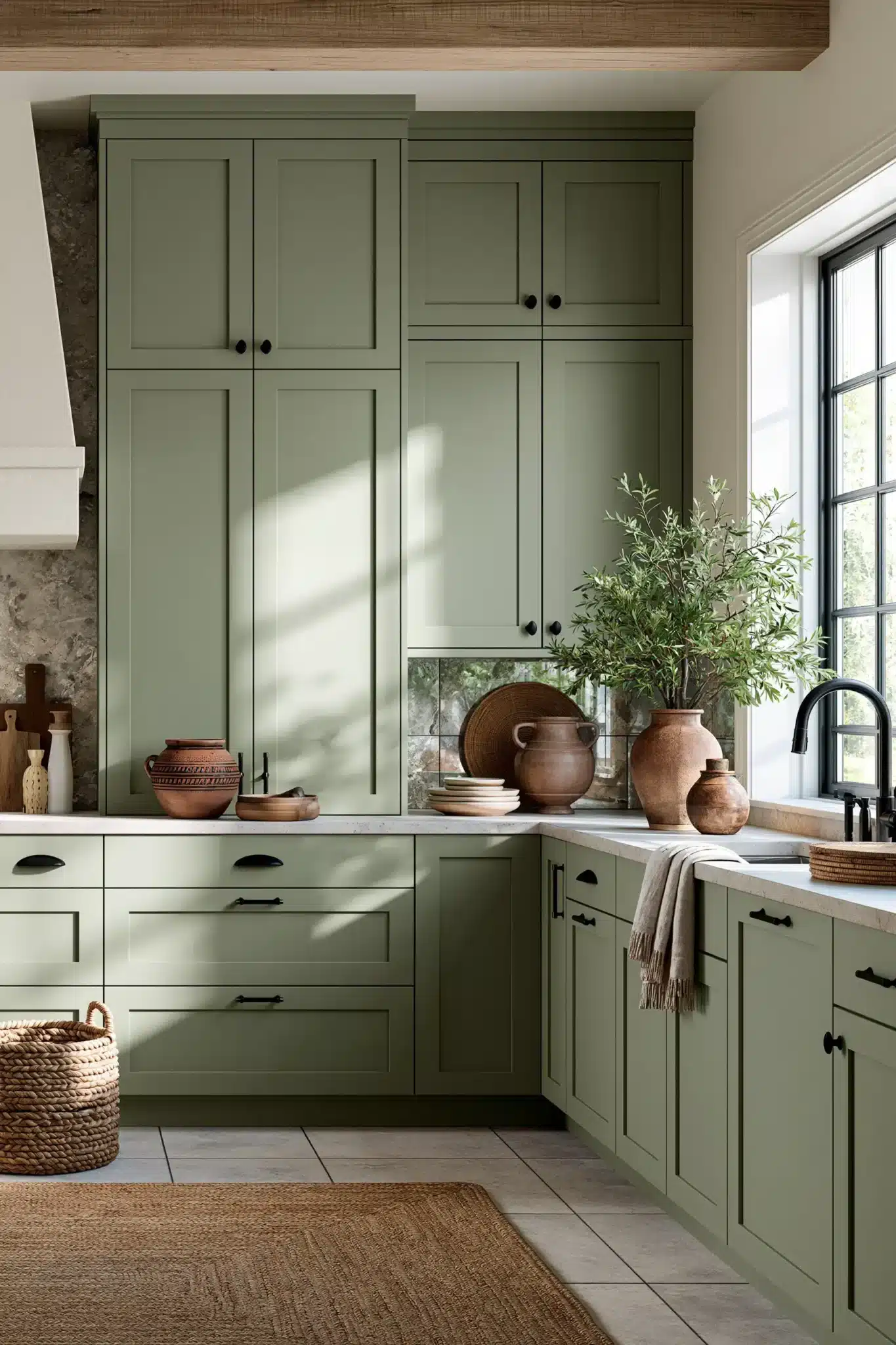 sage green and black kitchen