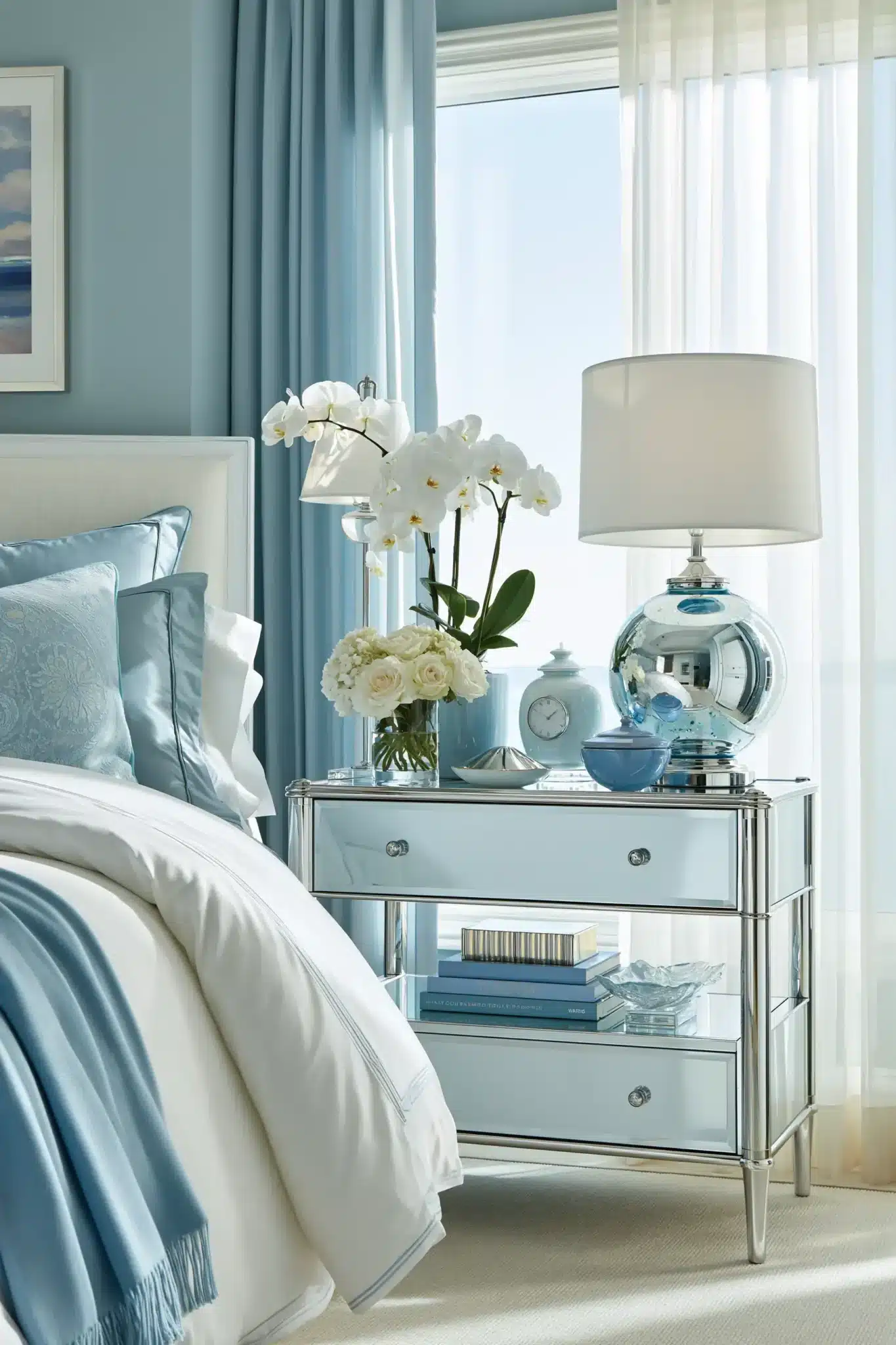 light blue and white bedroom