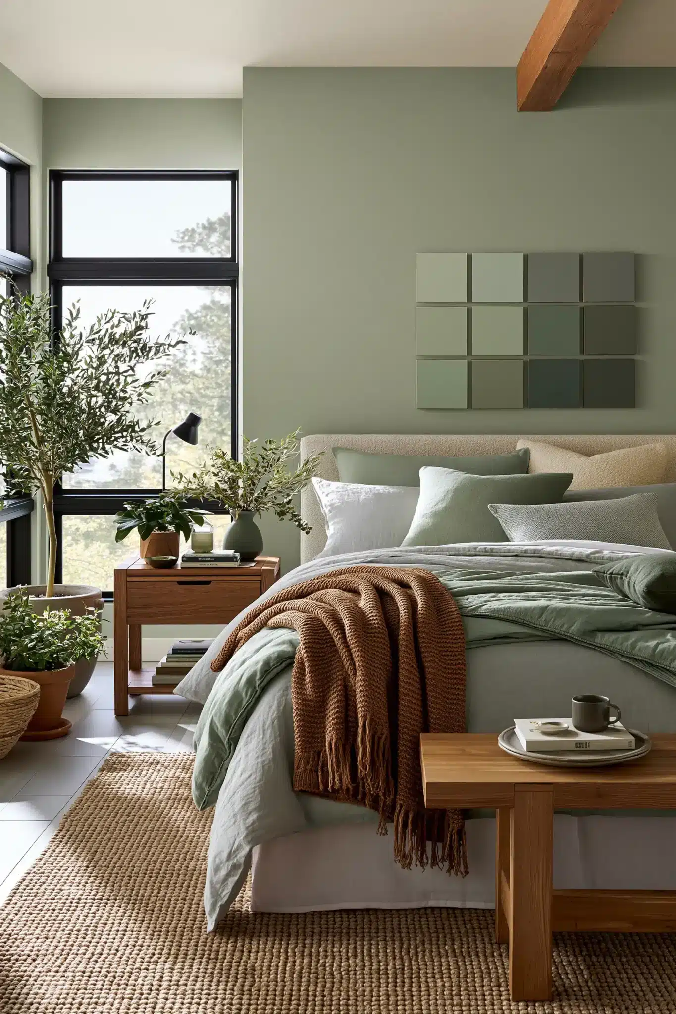 sage green and grey bedroom