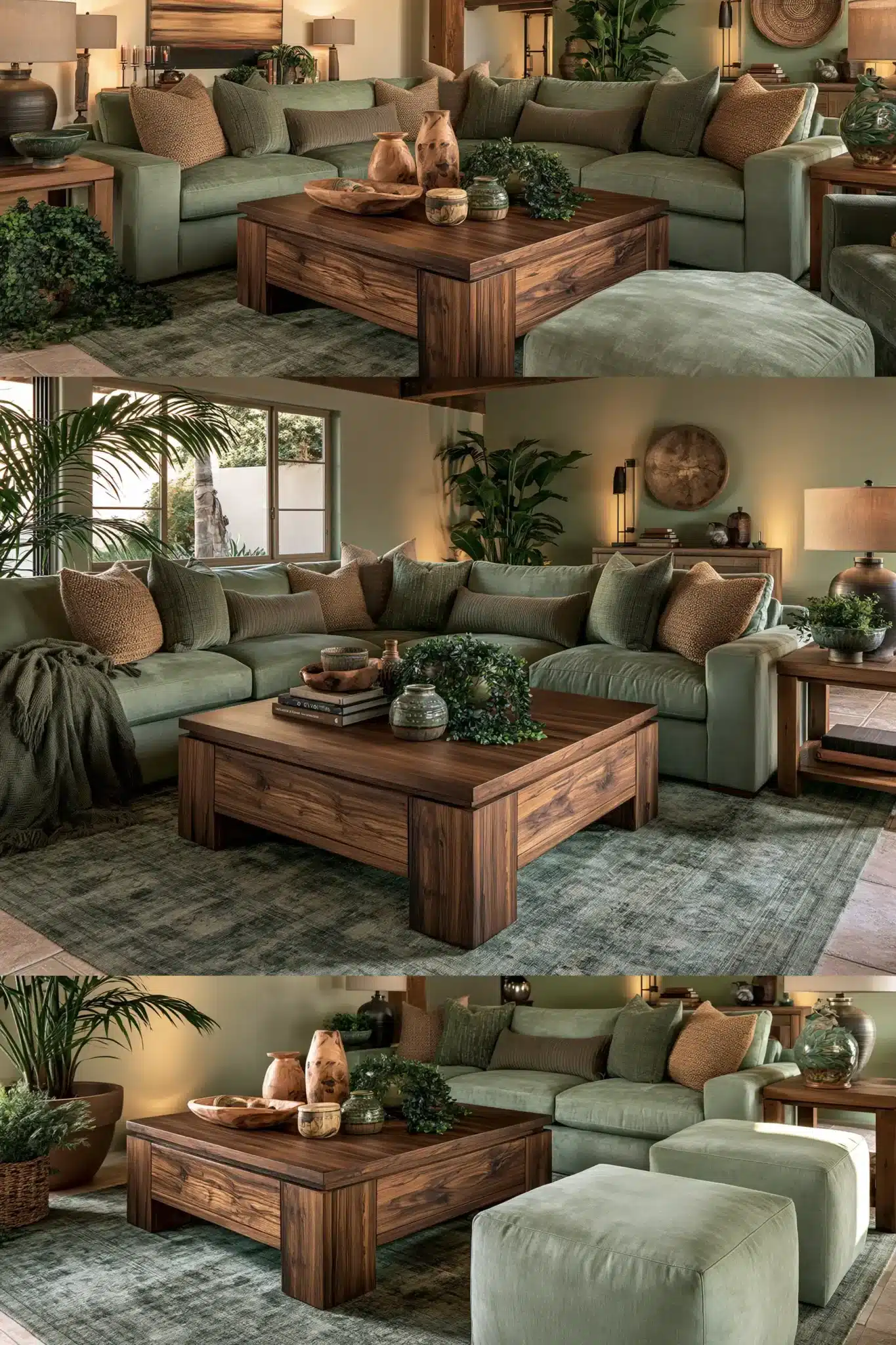 sage green and brown living room