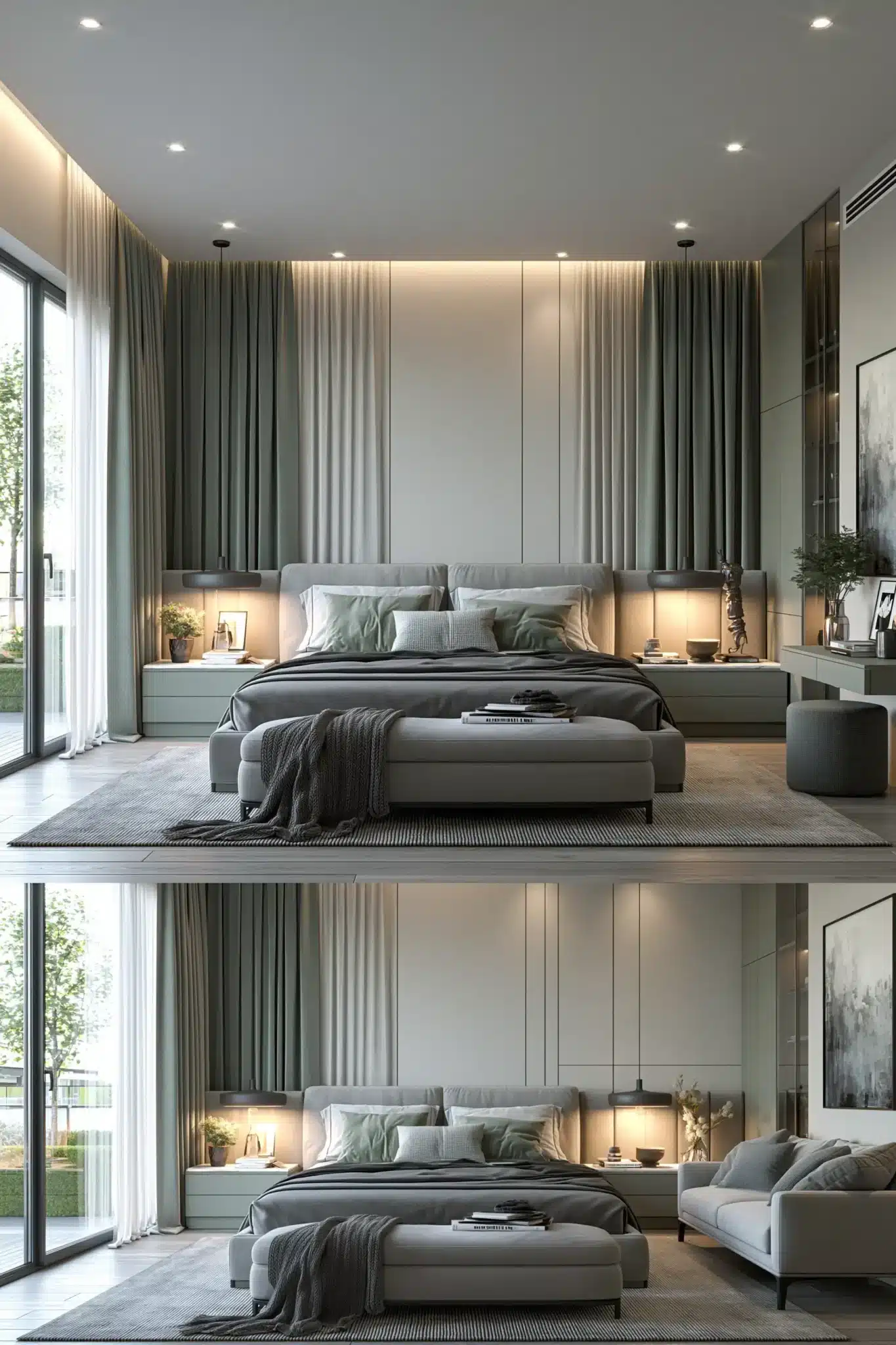 sage green and grey bedroom