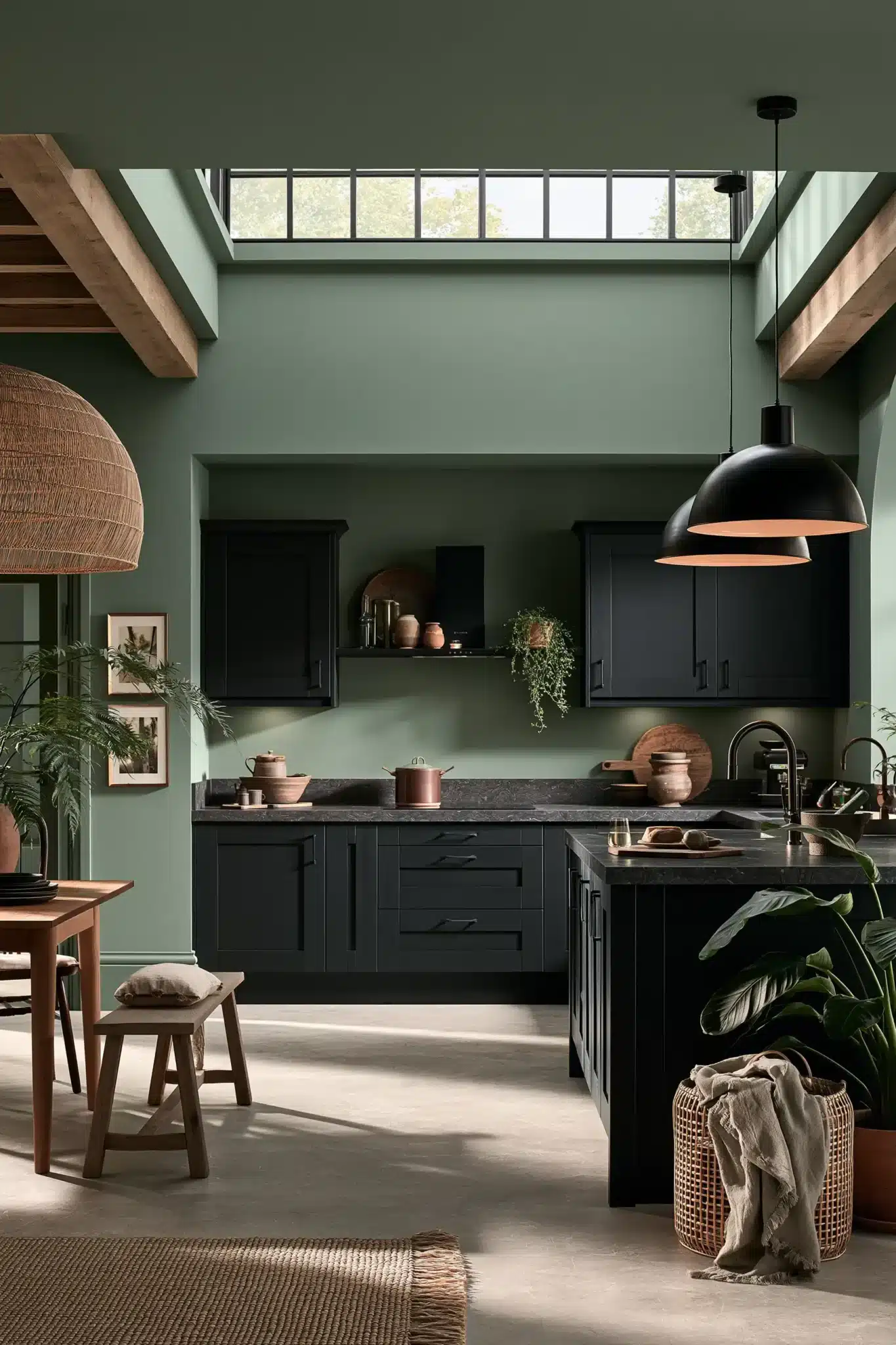 sage green and black kitchen
