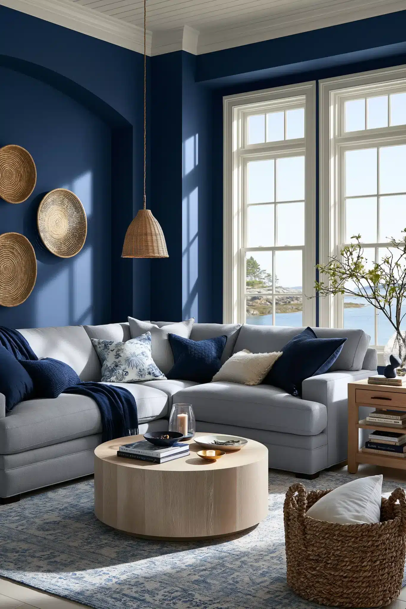 navy blue and grey living room