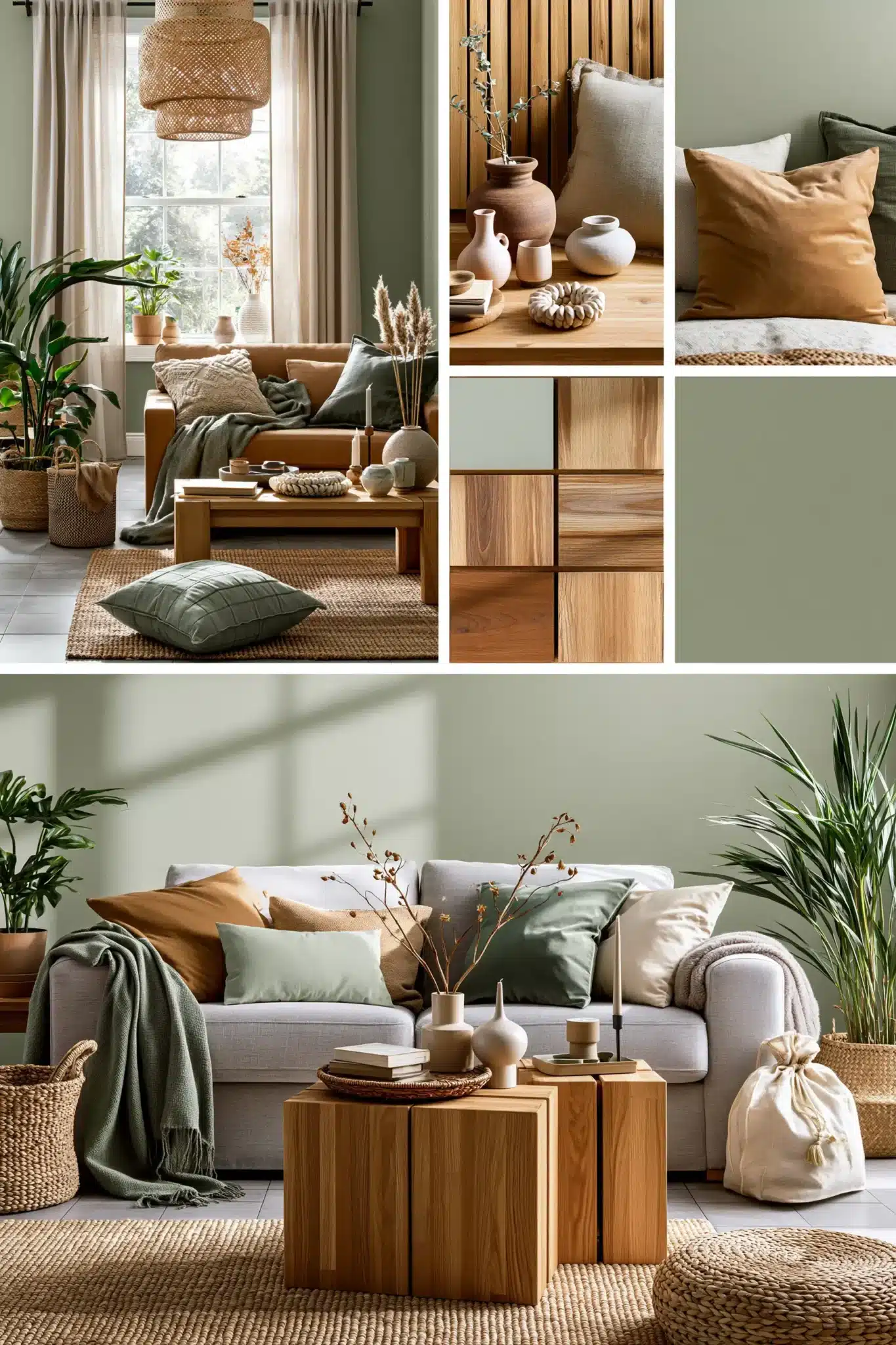 sage green and brown living room