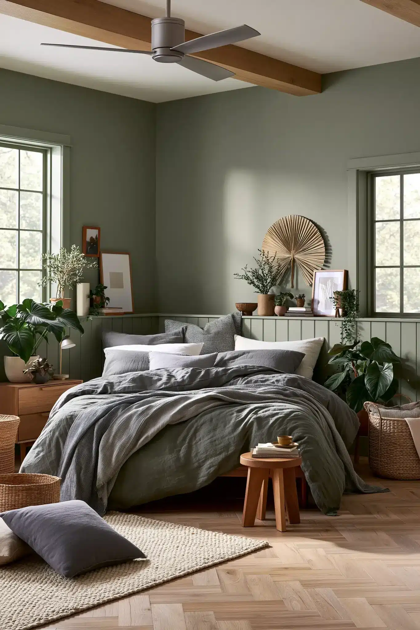 sage green and grey bedroom