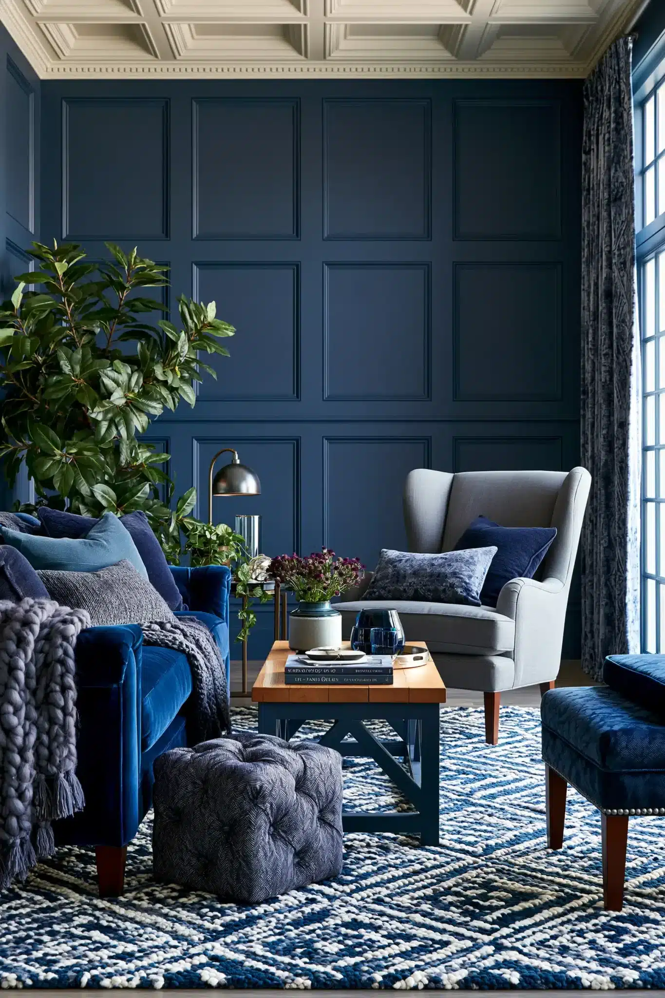 navy blue and grey living room