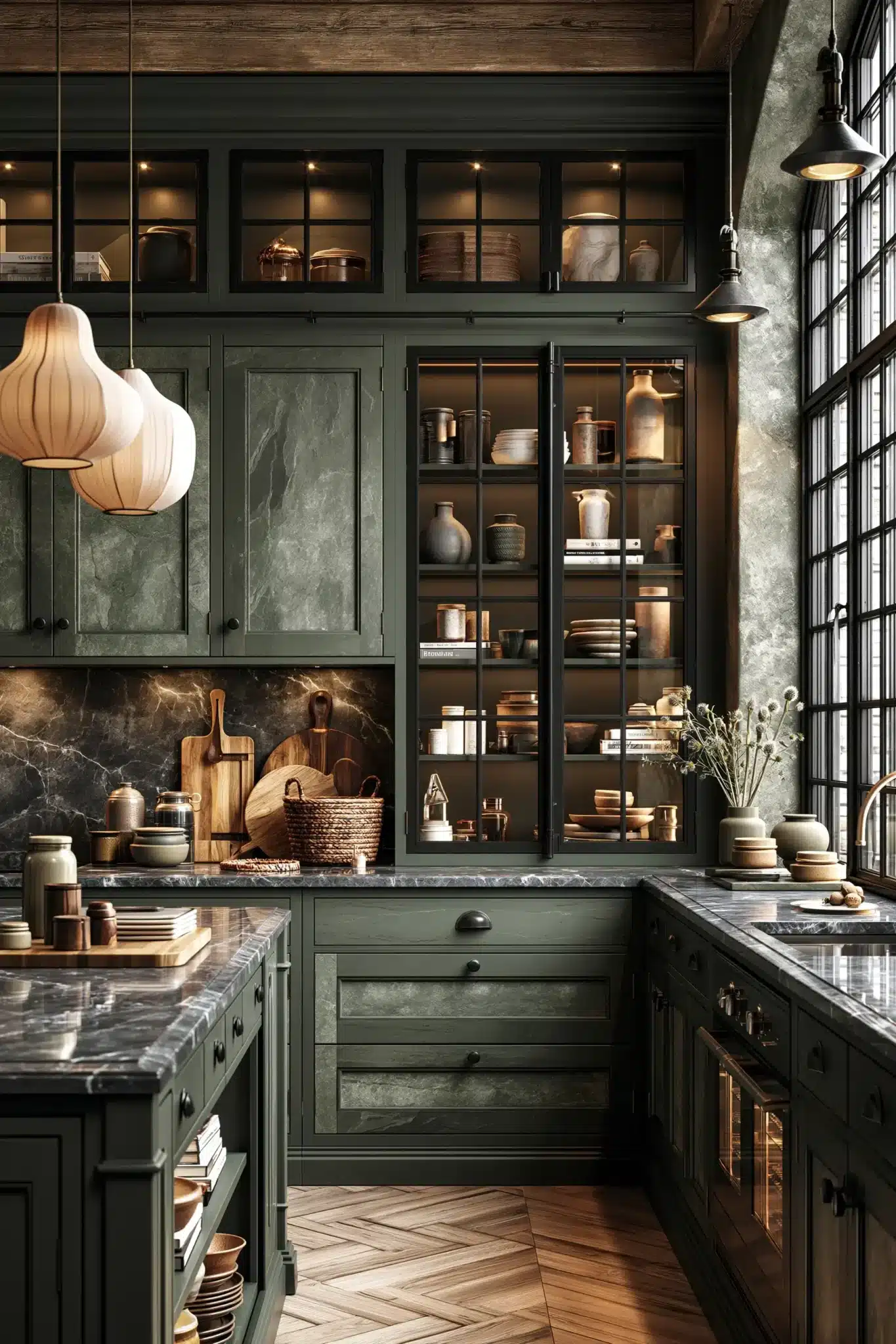 sage green and black kitchen
