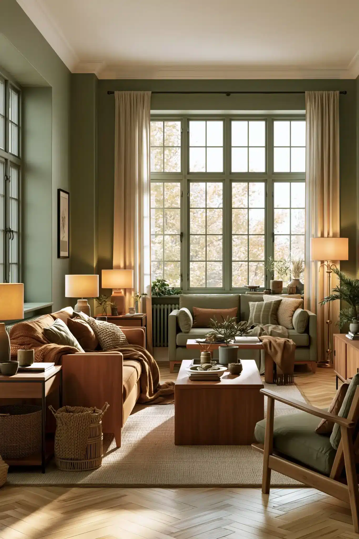 sage green and brown living room