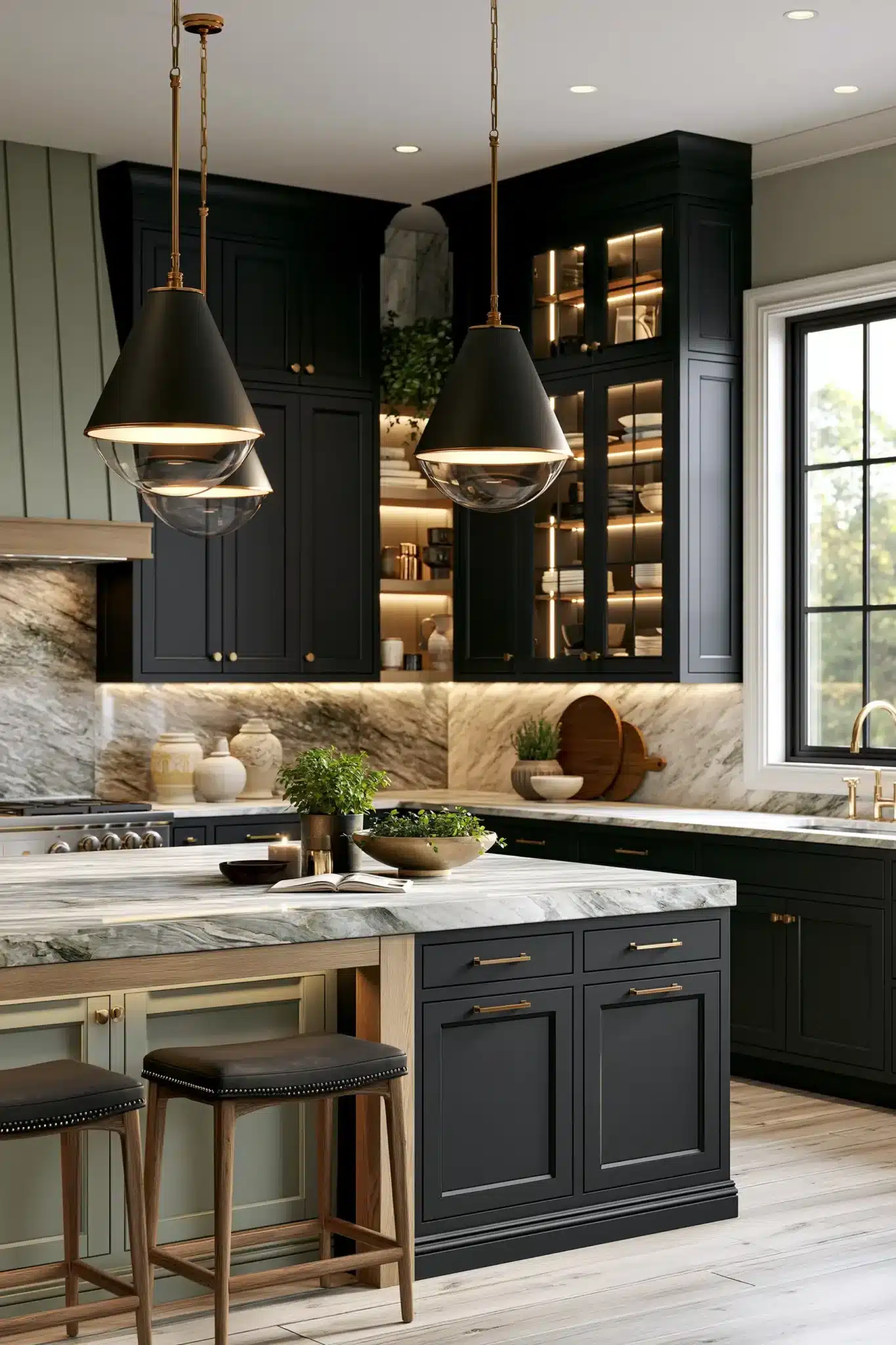 sage green and black kitchen