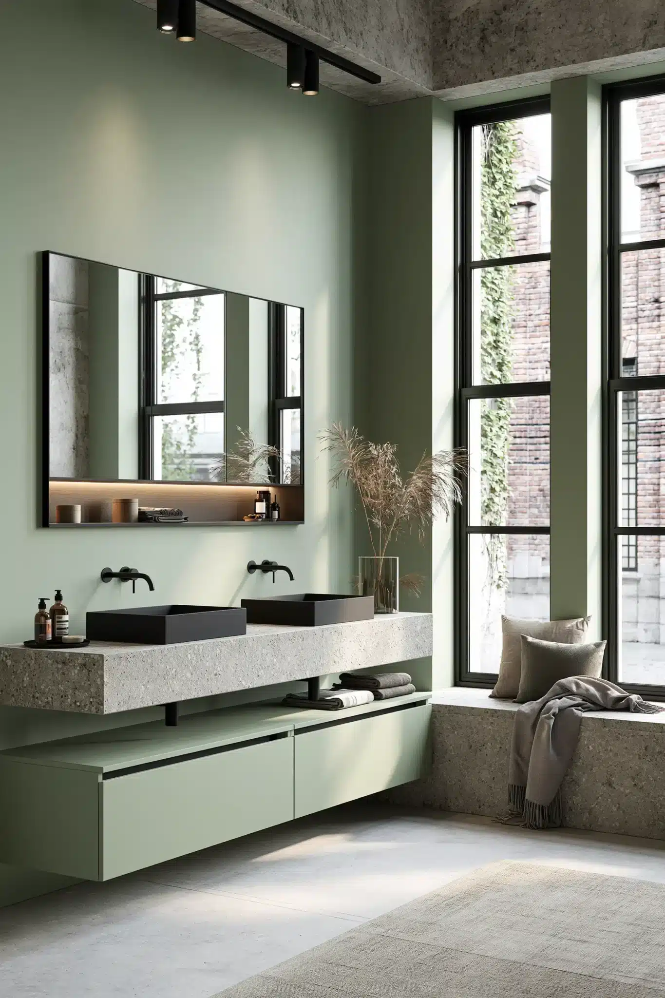 sage green and black bathroom