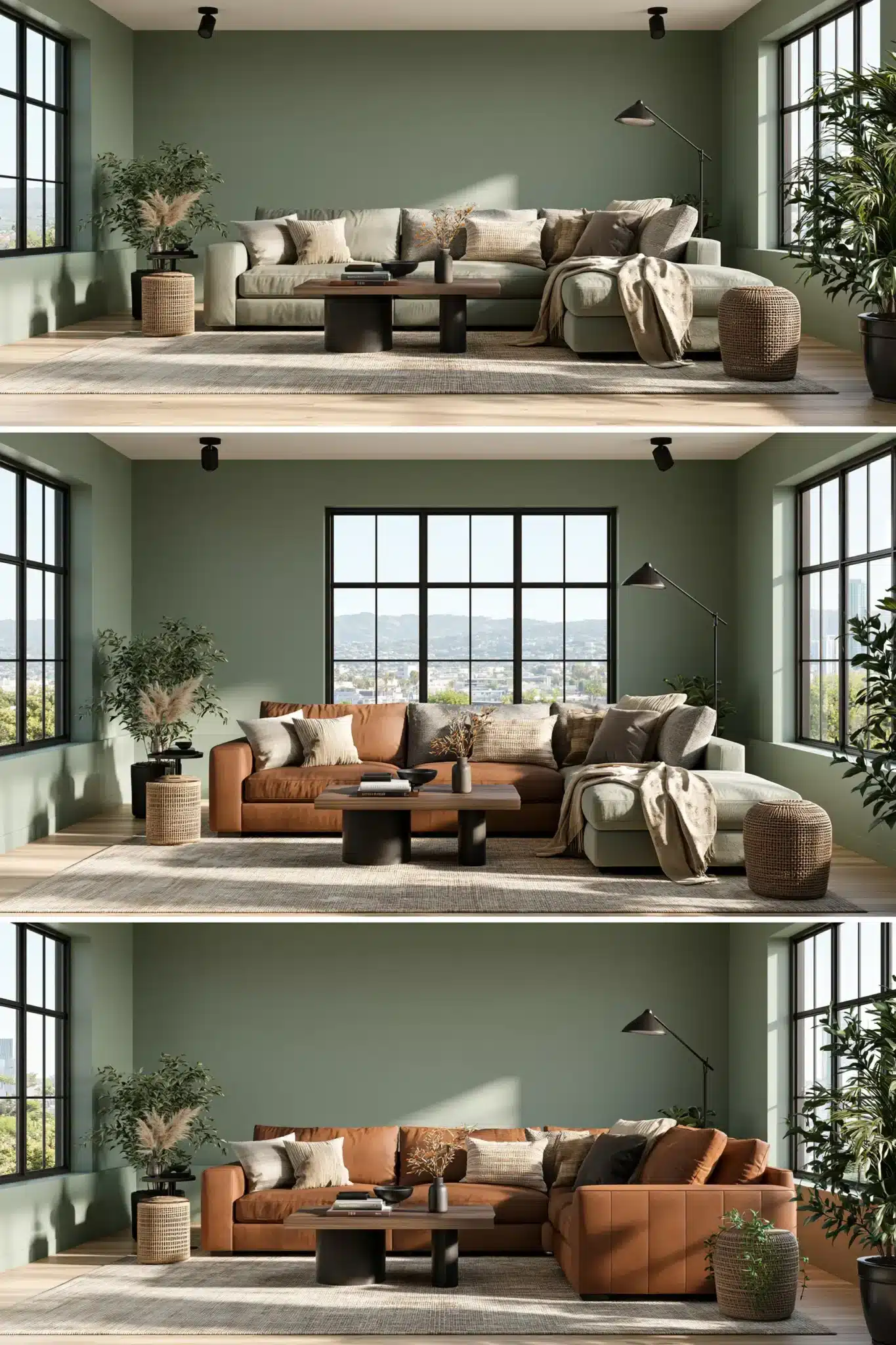 sage green and brown living room