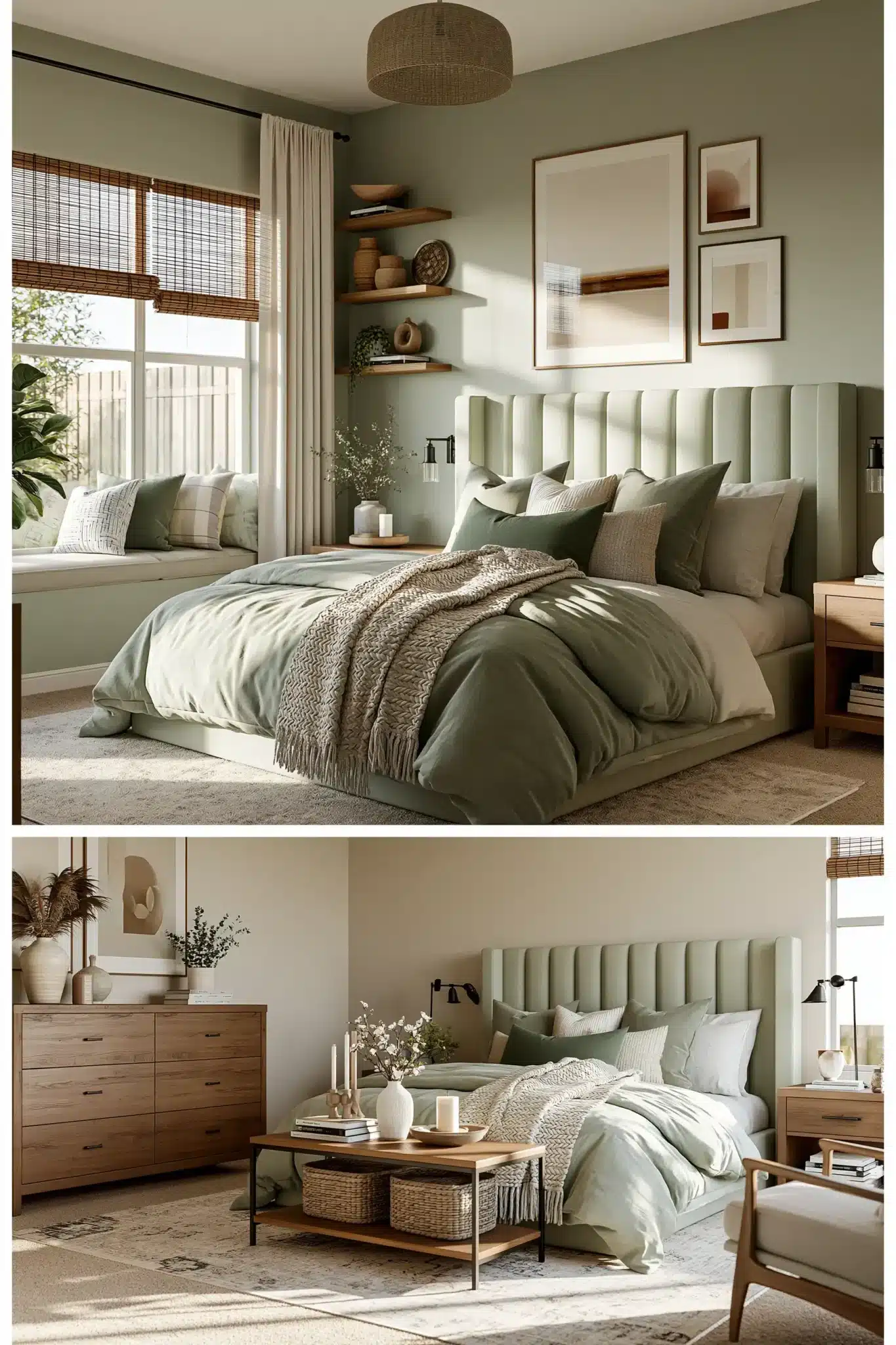 sage green and grey bedroom
