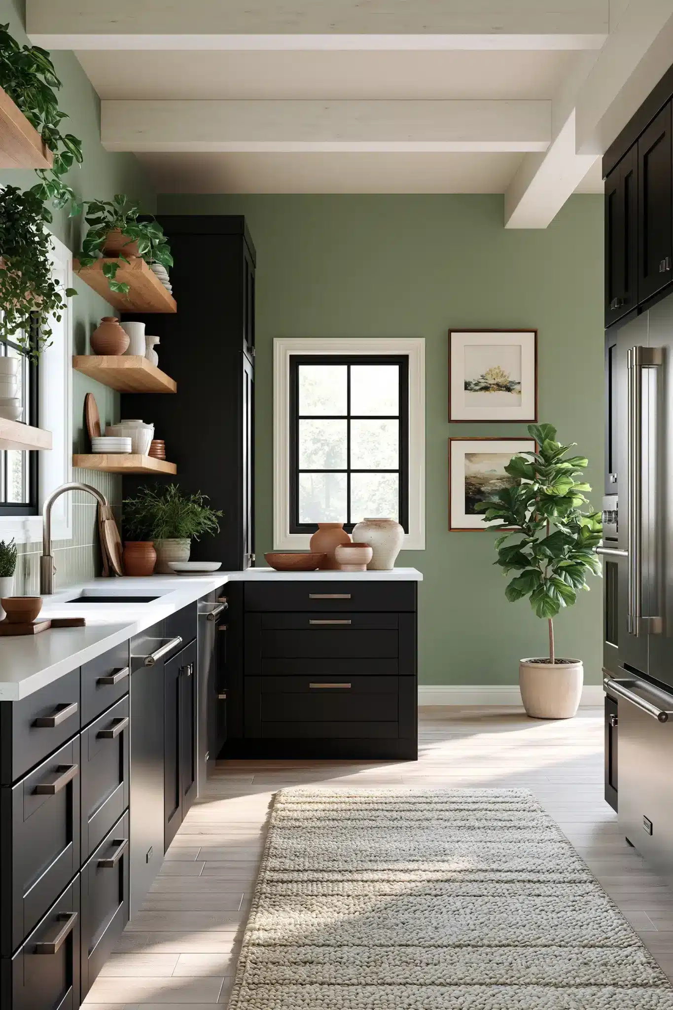 sage green and black kitchen