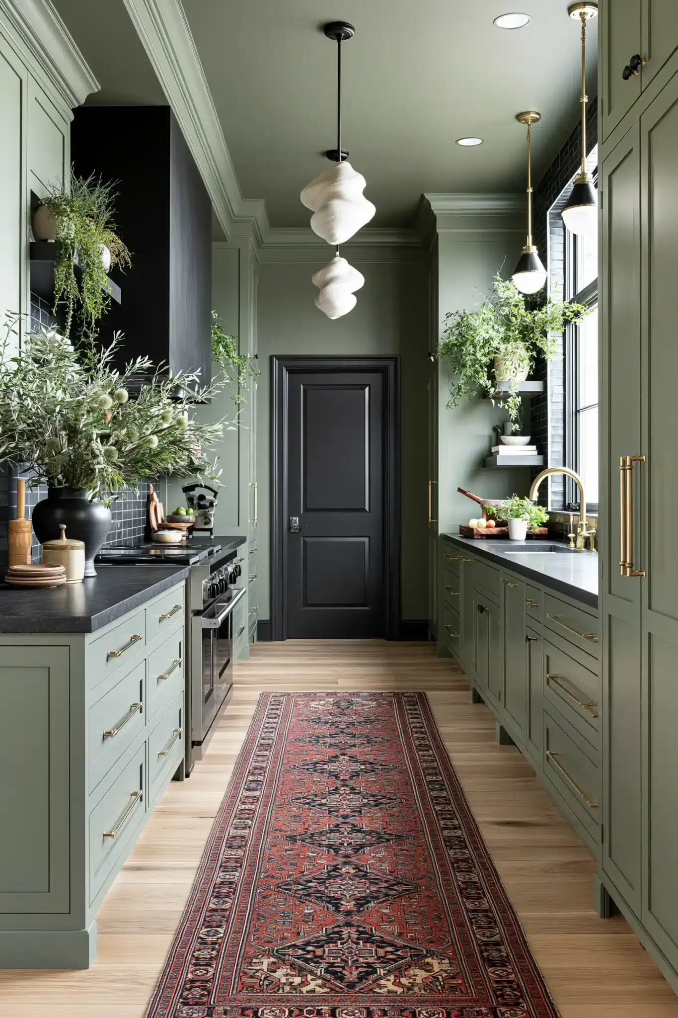 sage green and black kitchen