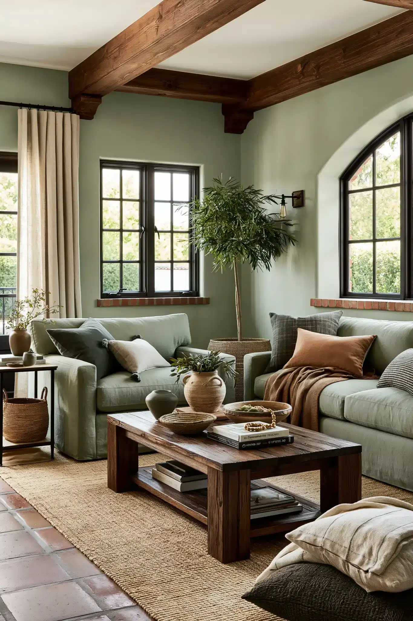 sage green and brown living room