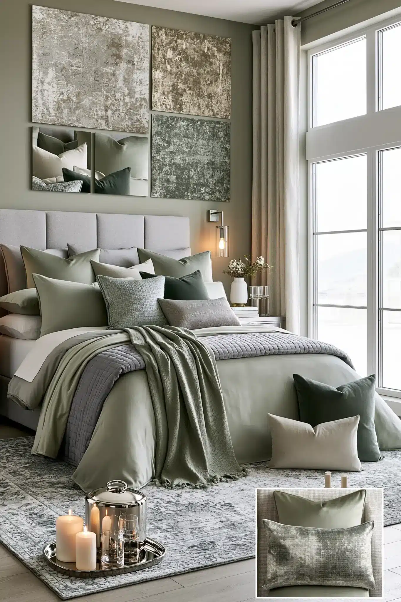 sage green and grey bedroom
